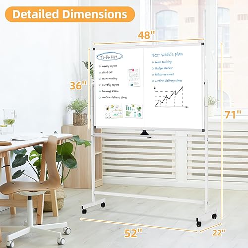 Miniatura 6 de WALGLASS Pizarra blanca rodante de borrado en seco, 48 x 36 pulgadas, pizarra blanca de doble cara sobre ruedas, pizarra blanca portátil grande