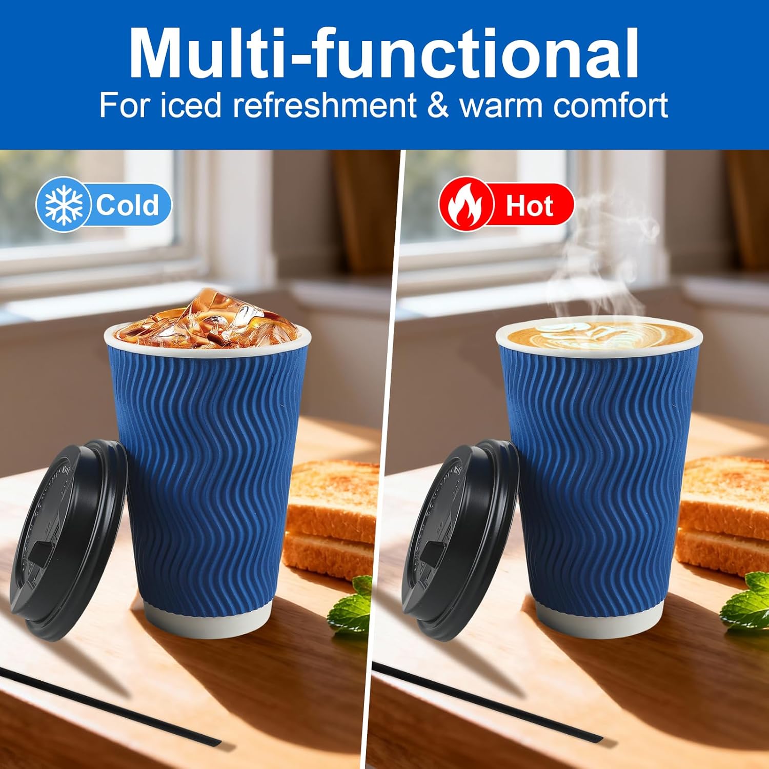 RAZCC Coffee Cups, 90 Pack 16 oz Disposable Blue Insulated Paper Cups, Corrugated Kraft Ripple Wall Cup, Comes with lids and straws Suitable for Hot and Cold Drinks