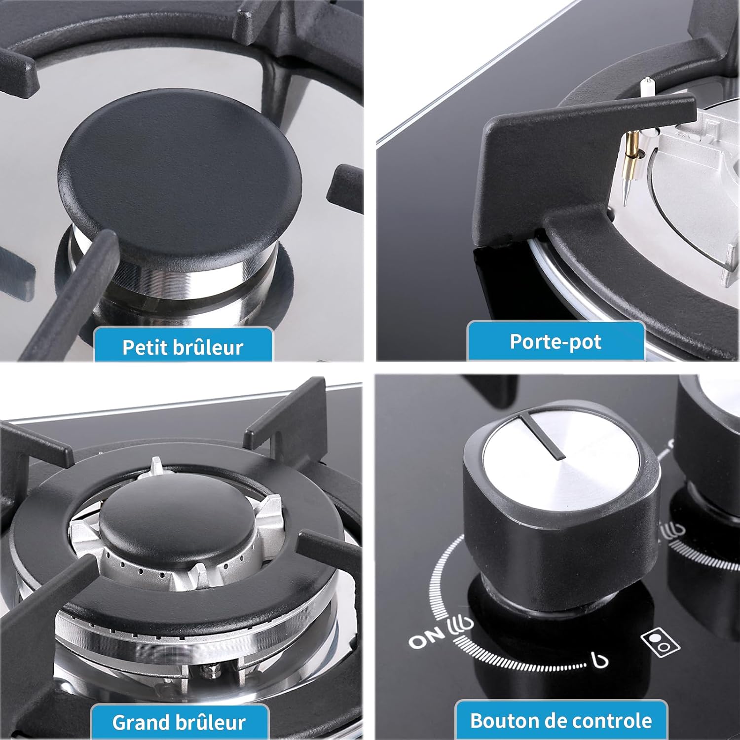 รายละเอียด view of the gas hob components including small burner, pot support, large burner, and control knob.
