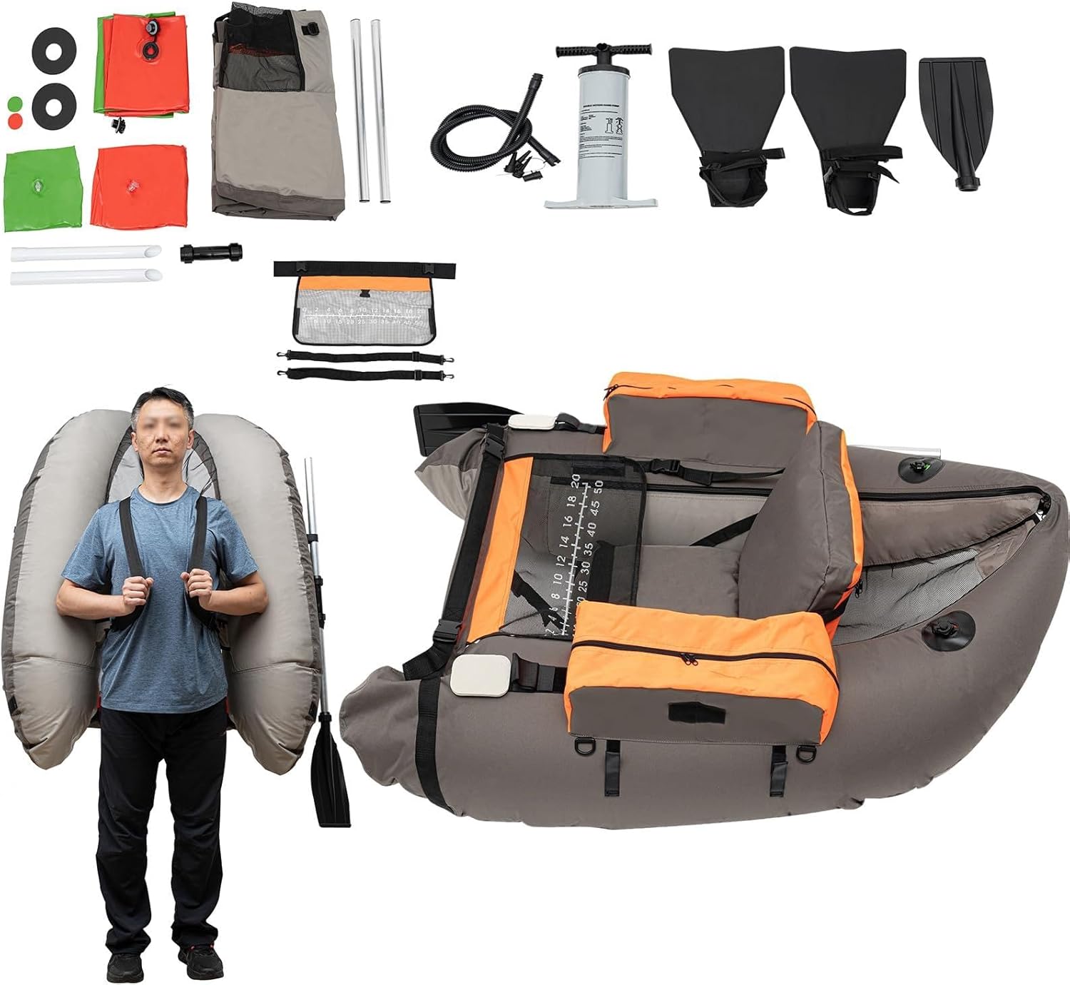 4.5-FT Inflatable Boat Set, 286.6-LBS Load Portable Raft, 90-180° Backrest U-Shaped Fishing Multitools w/Storage Pockets, 20-inch-Long Fish Ruler,Hand Air Pump, Oar, Fin, Repair Tools