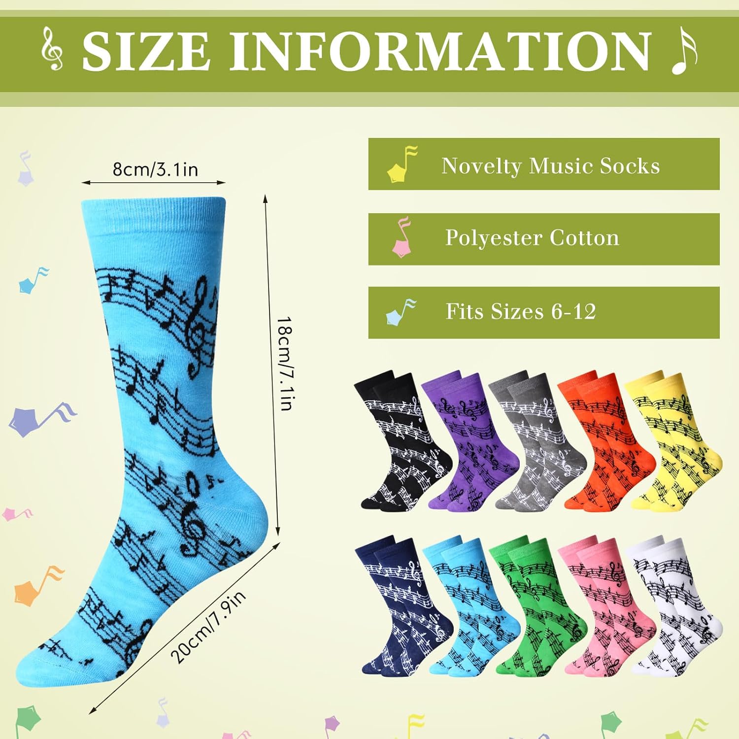 10 Pairs Music Socks Music Lover Gifts Funny Stave Musical Notes Socks for Men Women Teachers Christmas Gift - Image 4