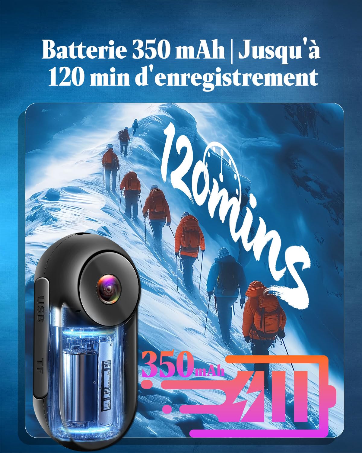 Mini Caméra Sport avec Carte SD 64GB, Camera Vlog 1080P à Écran Tactile HD, 120 Min d'Autonomie, Grand Angle 120°, Clip Arrière 360°, Vision Nocturne Infrarouge, Caméra pour Casque et Moto