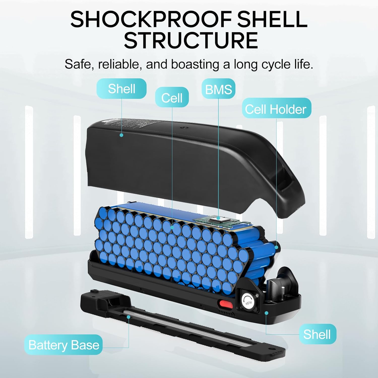 Diagram illustrating the shockproof shell structure, internal cells, BMS, and cell holder of the Varstrom Ebike Battery.