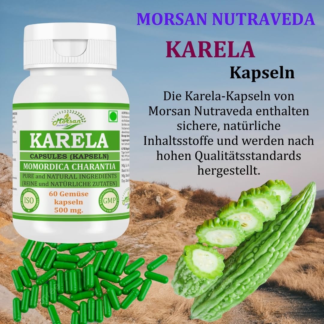 Bitter Melon-Kapsel 500 mg. 60 Veganer. Einheiten | Karela (Momordica charantia) Extrakt-Kapseln für Männer und Frauen | Ayurvedische Kräuterergänzung | 10:1 Stärke (1 Flasche mit 60 Kapseln)