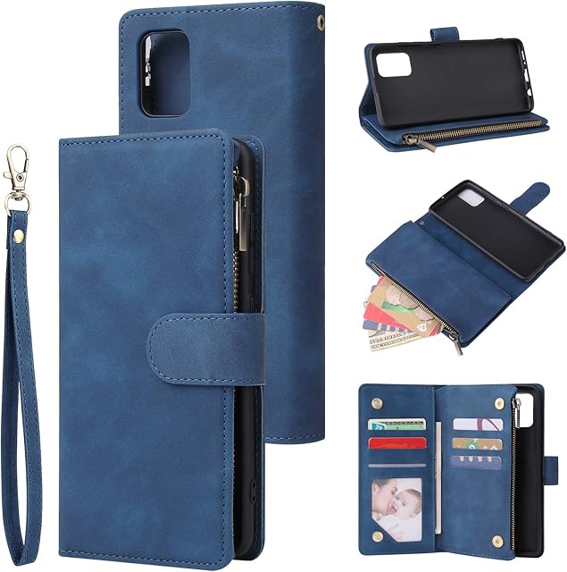 QLTYPRI Case for Samsung Galaxy A51, Large Capacity Leather Wallet Case 6 Card Holder & 1 Zipper Pocket Kickstand Wrist Strap Magnetic Protective Cover for Samsung Galaxy A51 - Blue