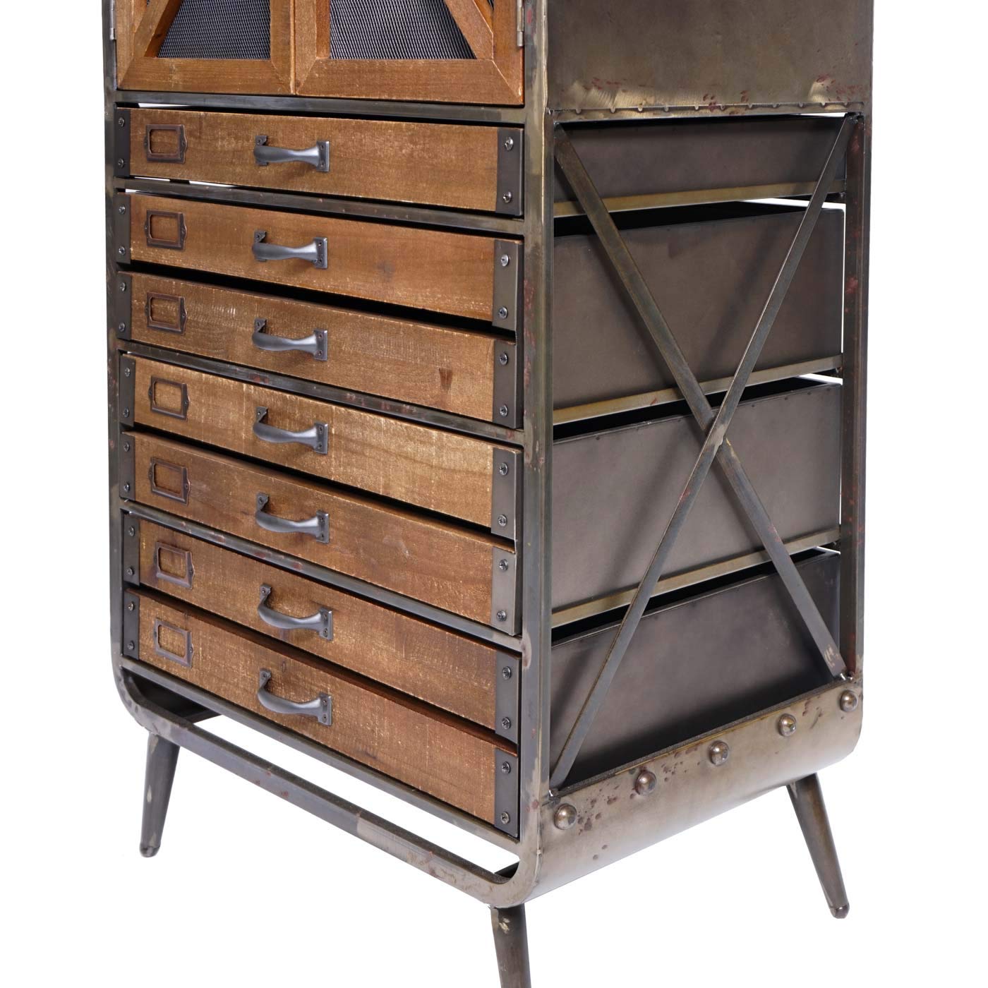 Mendler Hochschrank HWC-F91, Apothekerschrank Wohnzimmerschrank, Industrial Tanne Holz Metall 128x60x33cm, braun-schwarz