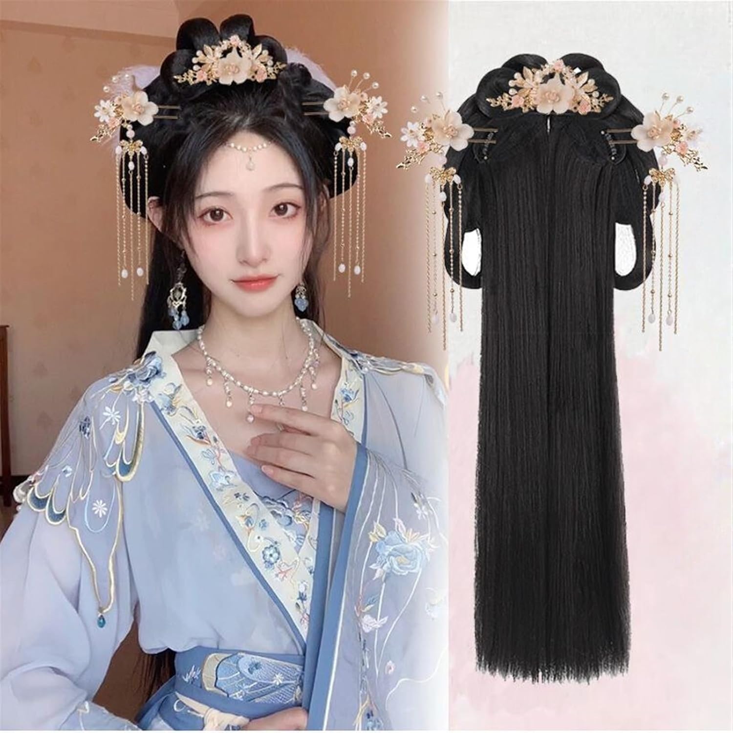 Women Chinese Style Wig Geisha Headband Wigs Hanfu Wig Cosplay Chinese Headwear Wig Dance Wigs Bun Hair Pieces(Xiuya+headwear4)