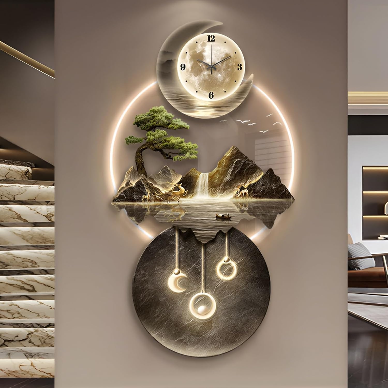 3D Art Wall Decor with Wall Clocks Art Decoration Landscape, Plug-in Power Supply Home Decor Wall Modern Art Mural Wall Clocks Clock Wall Lamp for Home, Entrance Corridor(Stylle B,19.6*39.37IN)