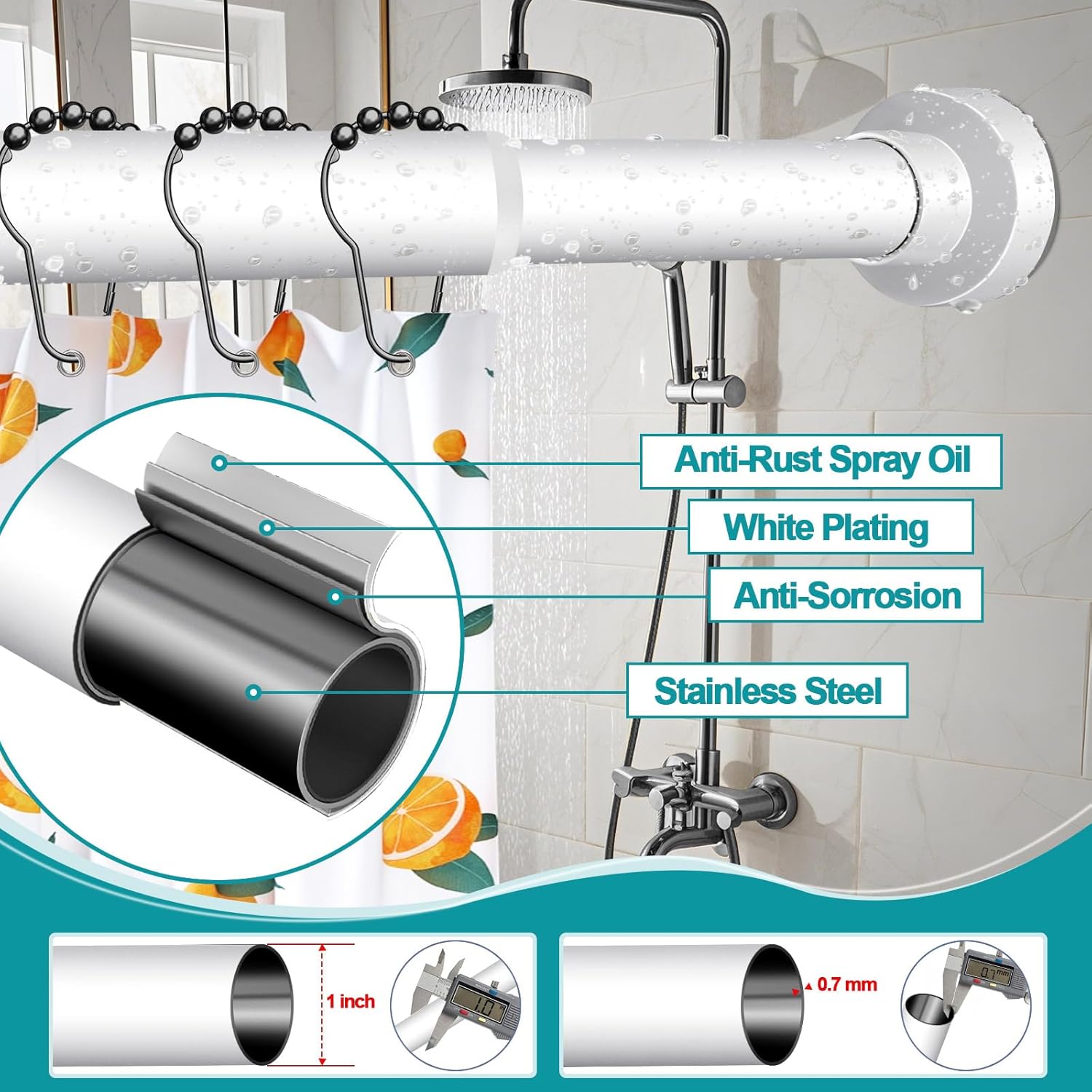YNL Shower Curtain Rod, 34-82 Inches, Non-Slip, Never Rust, No Drill Tension Curtain Rod for Bathroom & Window, Stainless Steel Shower Rod, White