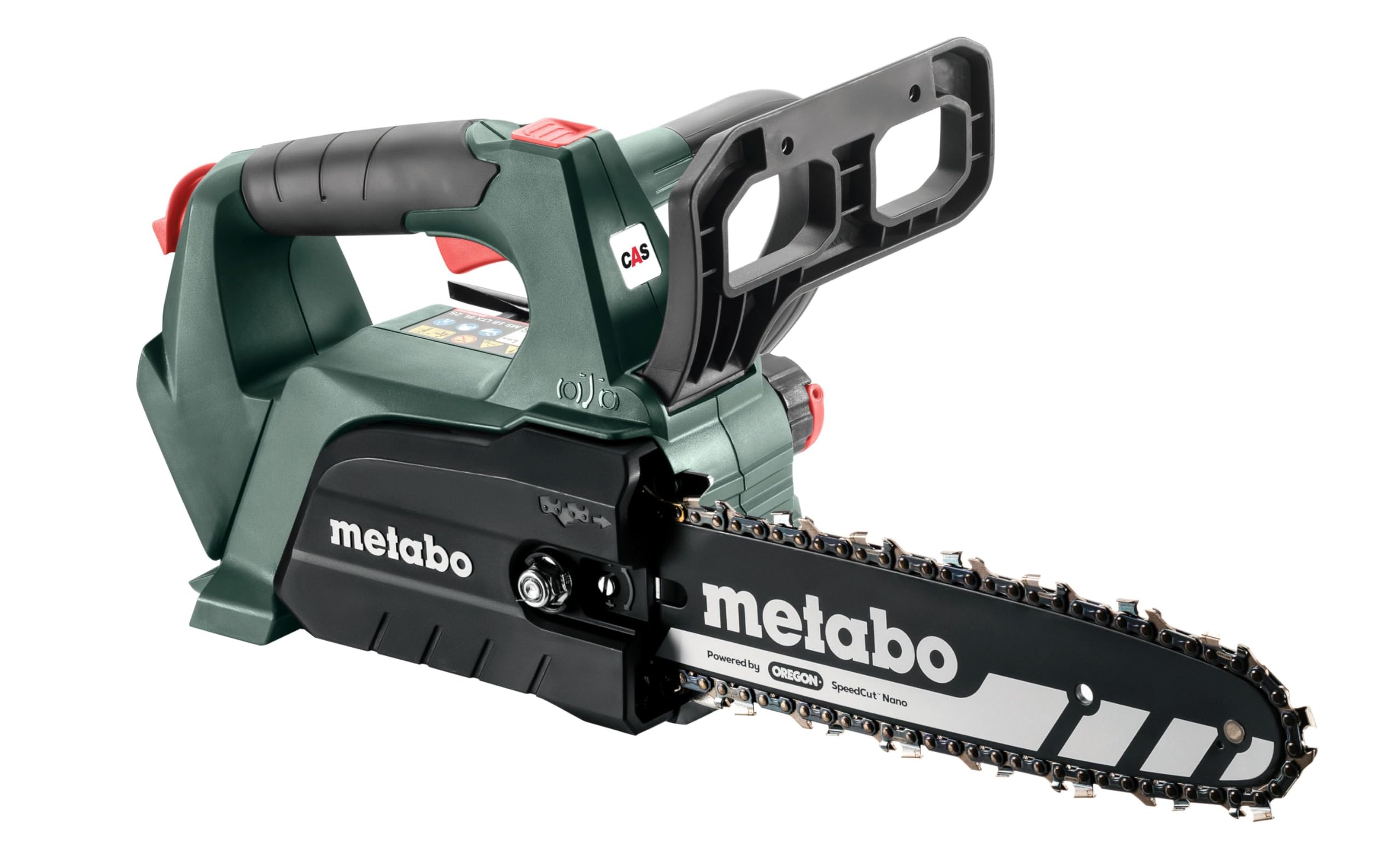 metabo Akku‑Kettensäge MS 18 LTX BL 25-18V, CAS, 25cm Oregon SpeedCut Nano - Brushless, Sicherheitsschalter, Kettenschnellstopp, leichte und kompakte Motorsäge für Baumpflege - Ohne Akku & Ladegerät