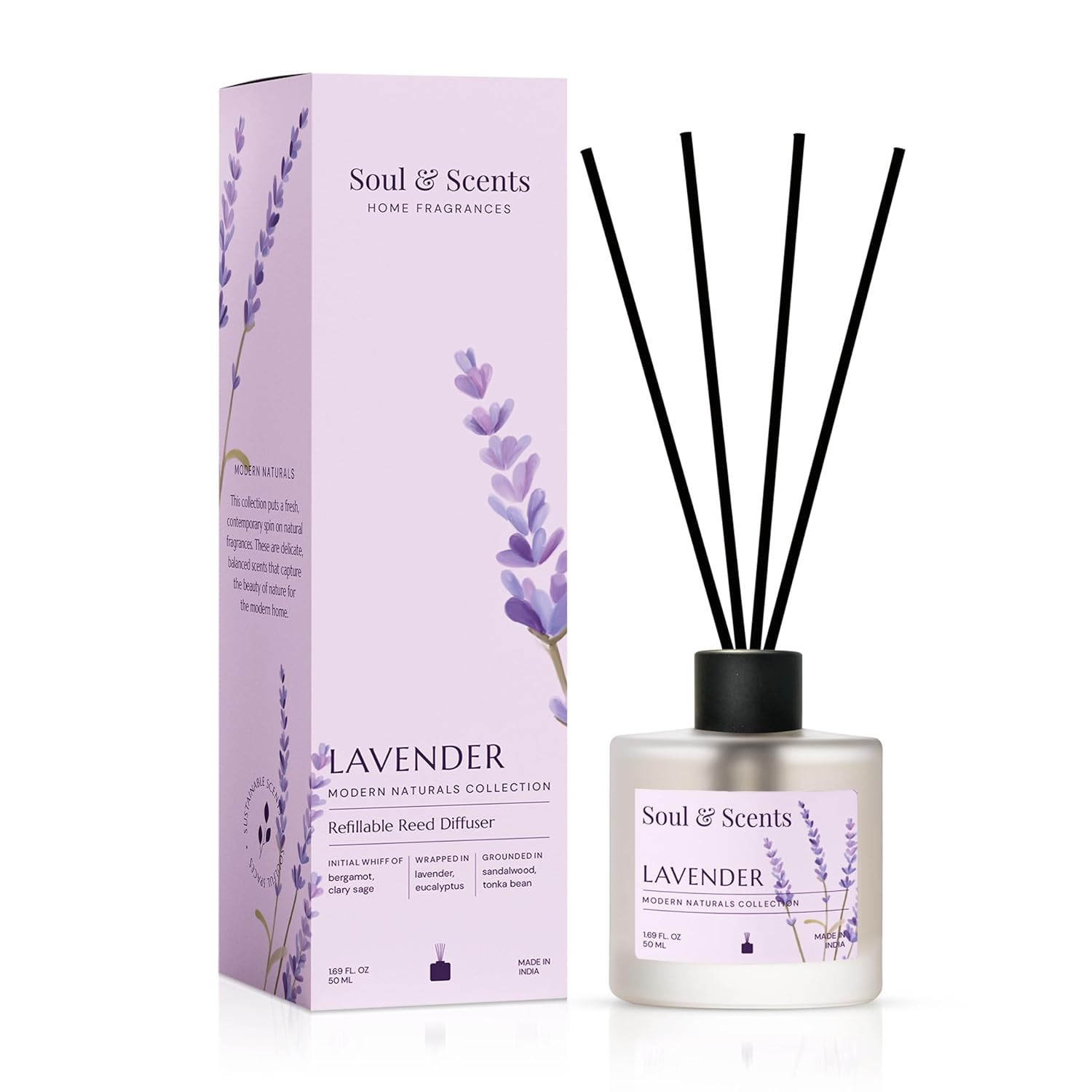 Soul & Scents 50ml Lavender Reed Diffuser Set | Blend of Rosemary and Vanilla | Get 5 Rattan Reed Sticks | Smoke Less Room