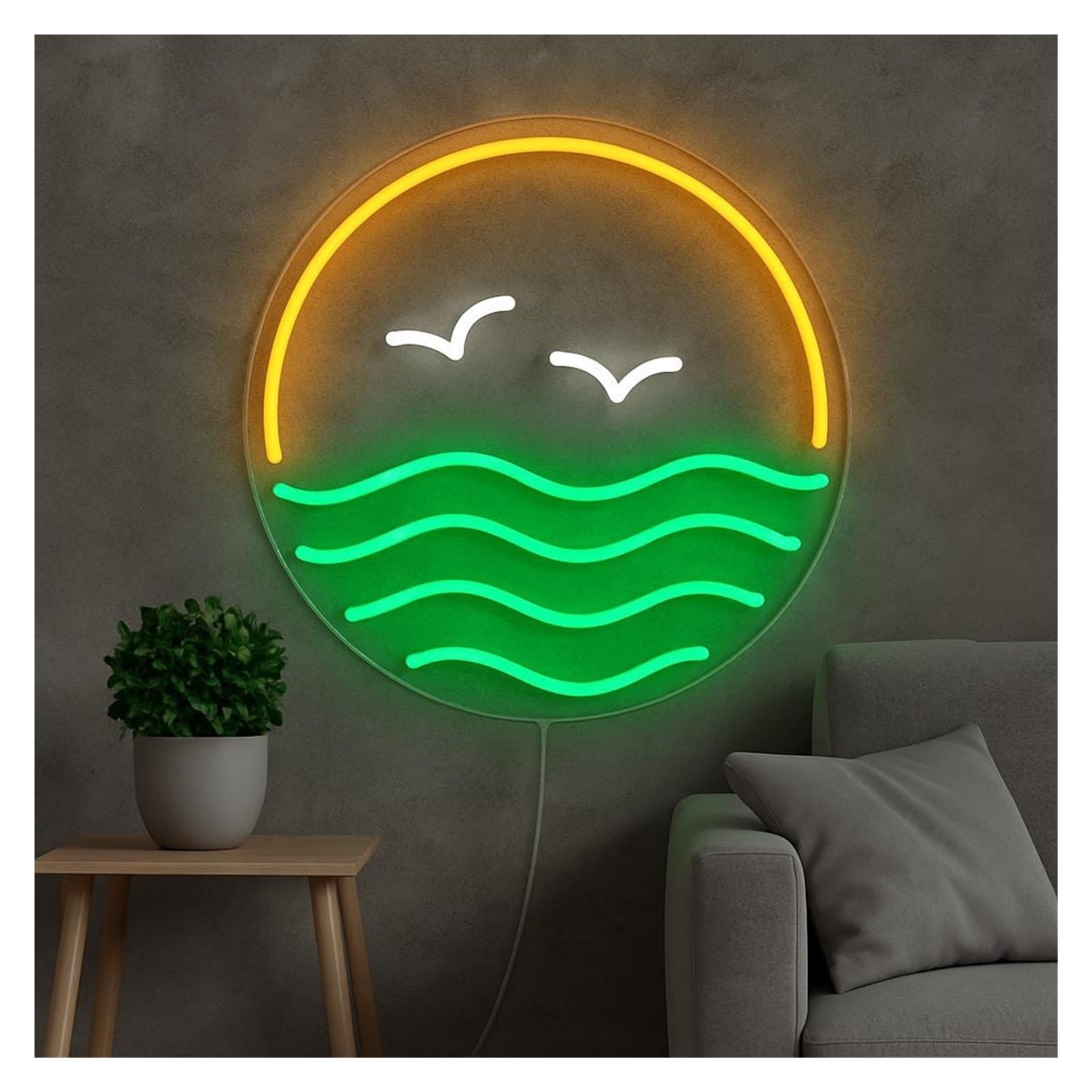 Shouxi B Sign Lamp Sunset Neon Sign, Ocean Wave With Irds Suitable For Each Ar Wall Decor With Dimmable 38Cm