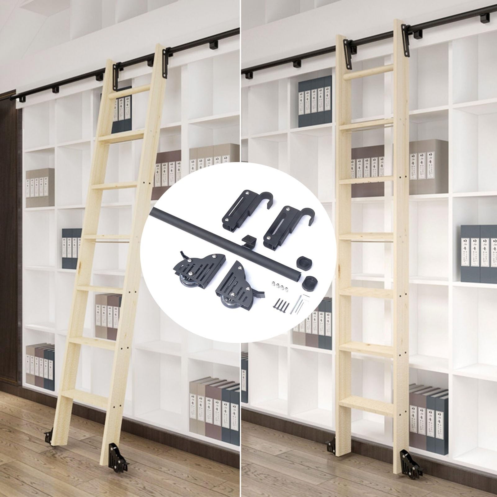 Rolling Library Ladder Hardware Kit (No Ladder), Ladder Rolling Hardware Sliding Library Ladder Track Floor Rollers with Brake, Black(Size:16ft/4.88m Track kit)