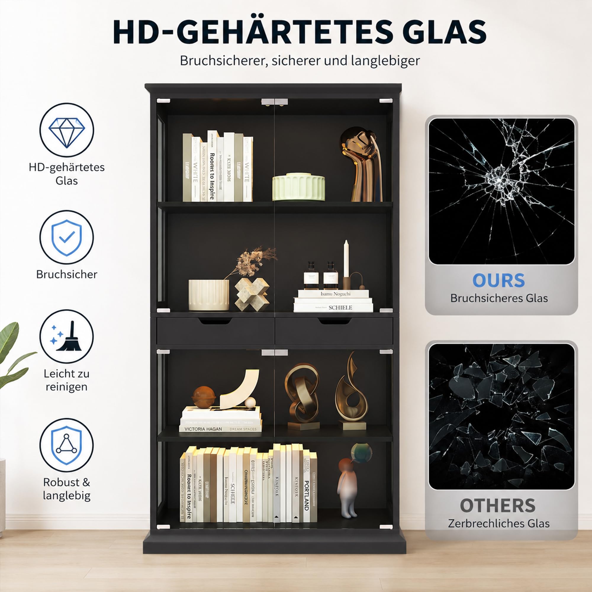 Jocoevol Vitrine mit Glastüren, 174cm Hoch Vitrinenschrank, 4-Lagen Glasvitrine Stehend mit RGB LED Beleuchtung & APP, Sensor, 2 Schubladen, Sammlervitrine für Wohnzimmer, Schwarz