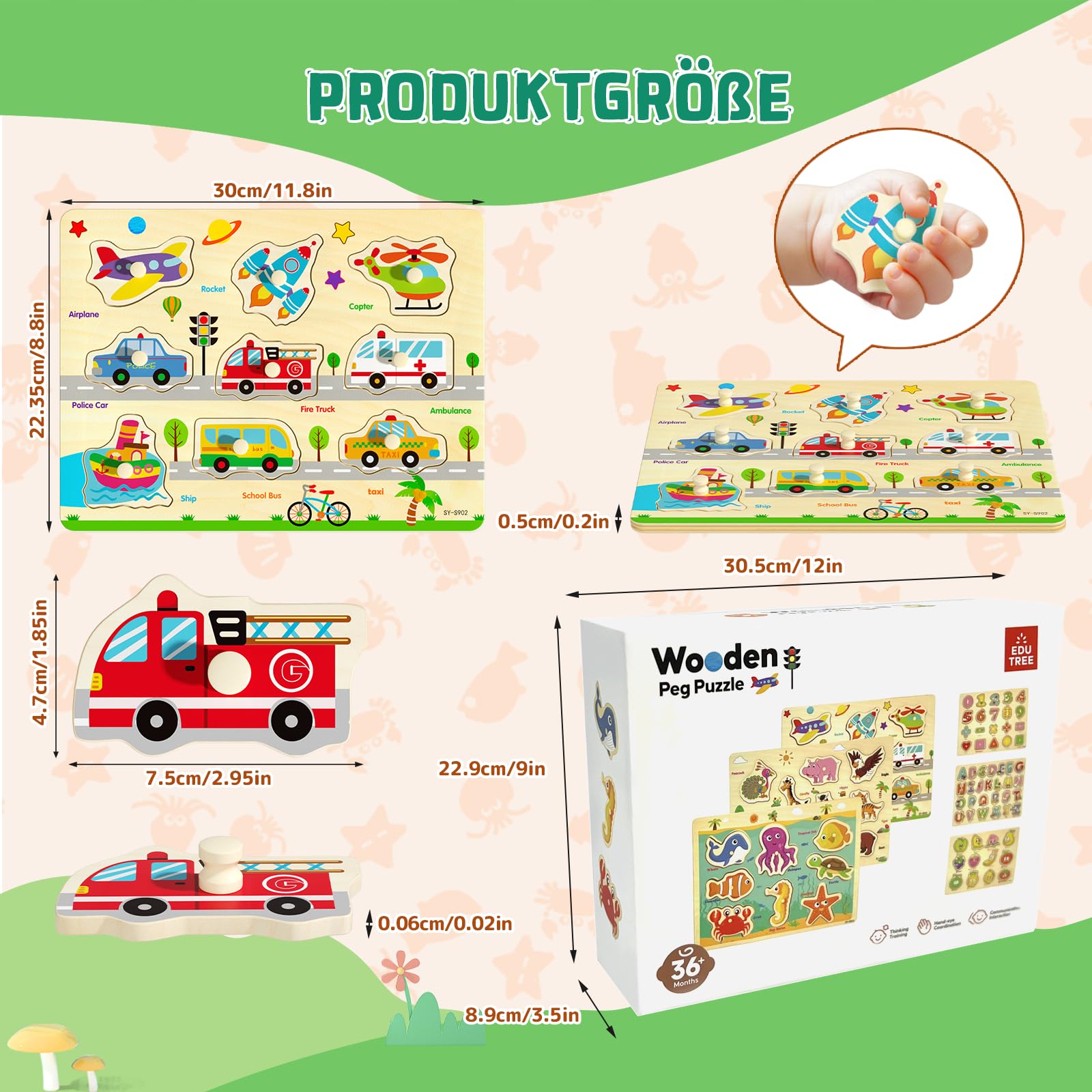 Hölzerne Steckpuzzle für Kleinkinder 2-4, 6 Pack pädagogische Peg Puzzles Montessori Spielzeug, Lernen Puzzles für Kinder Mädchen Jungen 1-3 3-5 mit Alphabet Zahl Tier Fahrzeug Form
