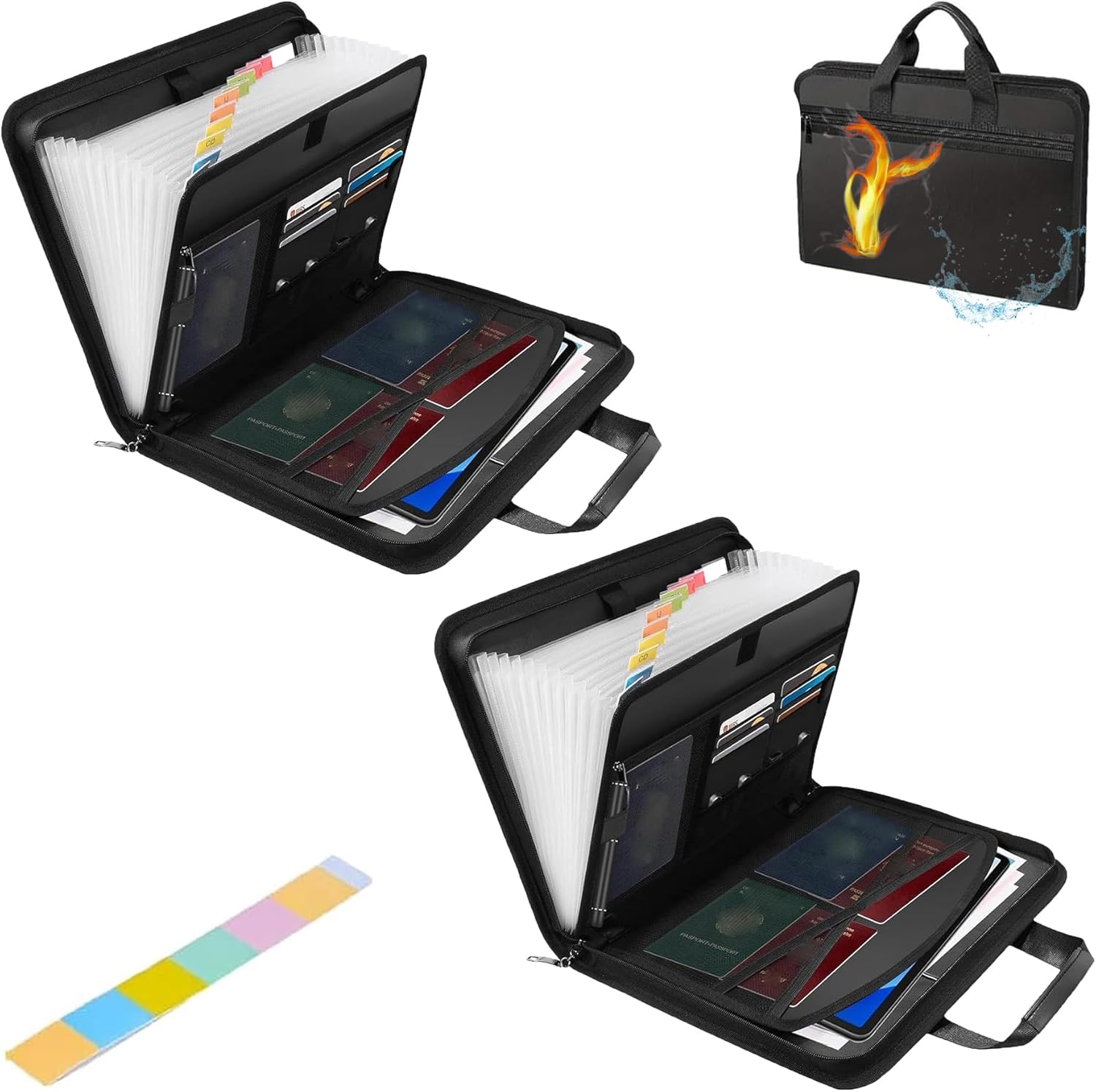 Rushclick File Folder - Large Capacity A4 Fireproof File Folders with Handle, Rushclick Expanding File Folder with Colored Tabs, Fireproof and Waterproof File (2PCS)