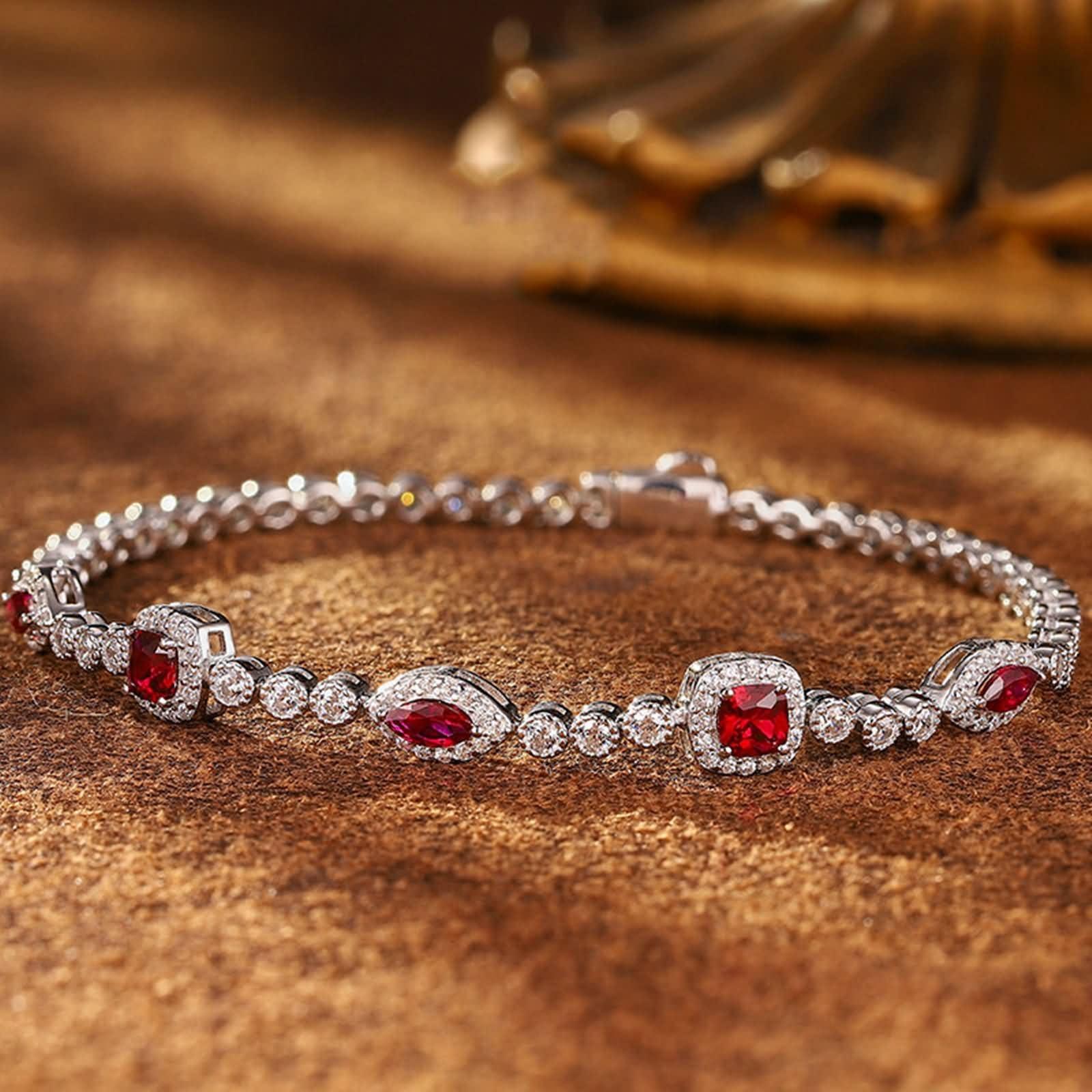 Donna Bracciale Oro Bianco 9 Kt / 14 Kt / 18 Kt 750, Quadrato e Marchesa con Rubino Creato da 1,25 ct e Moissanite, Lunghezza 16 CM, Bracciale Catena Rosso Argento Donna