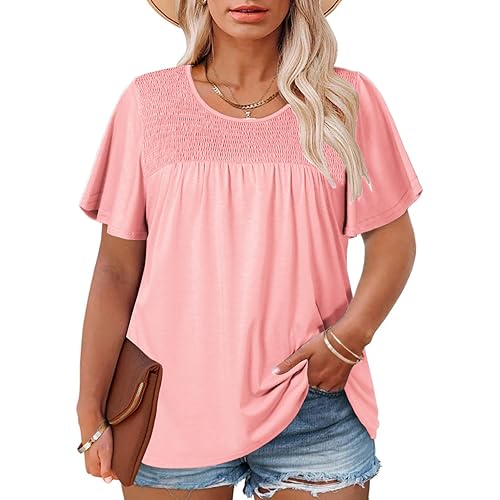 ROSRISS Plus Size Tops for Women Summer Short Ruffle Sleeve Shirts Casual Trendy Crew Neck Tees Loose Fit Smocked Blouses