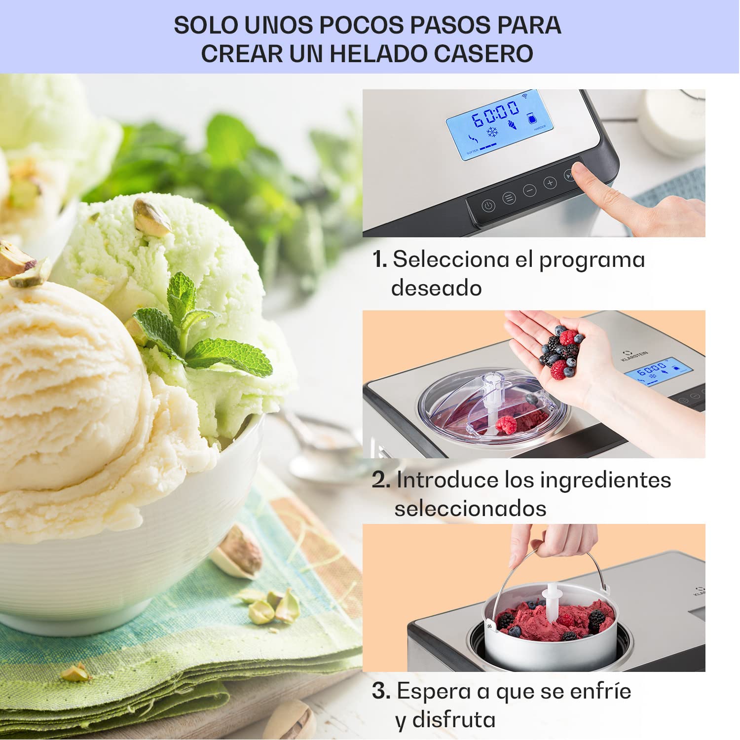 Klarstein Maquina de Helados para Casa, para Hacer Yogur Helado, Heladera con Compresor, WiFi y Control App, Postres Caseros, Helado Cremoso y Sorbete, Heladeras Hacer Casero, Ice Cream Maker