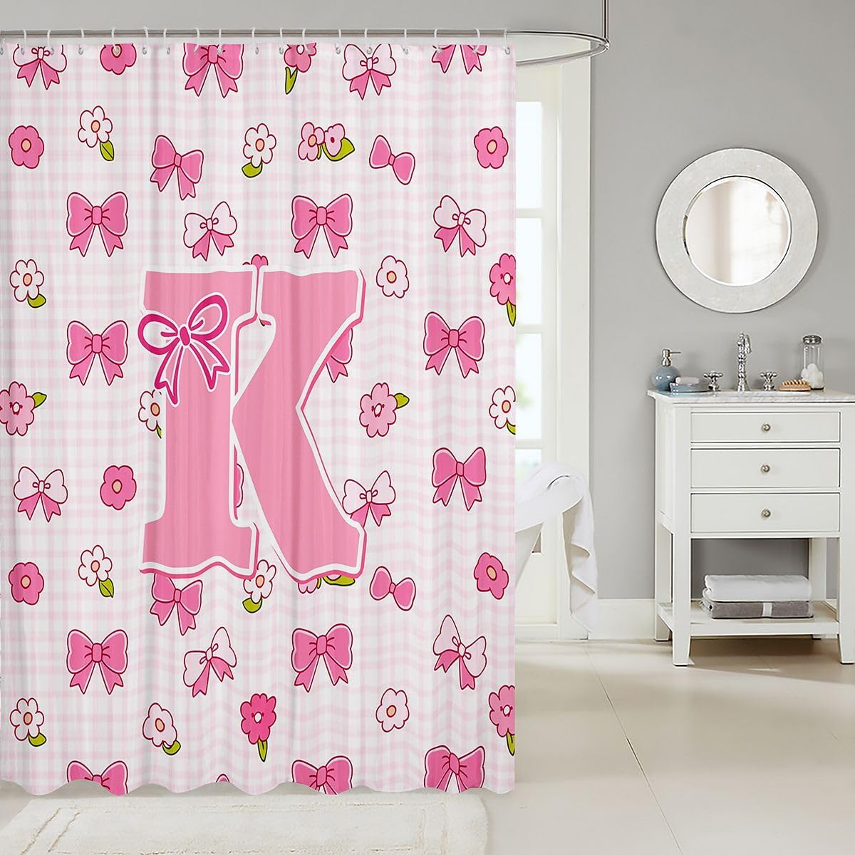 jejeloiu Pink Cute Bow Shower Curtain Cute Flower Bath Curtain Personalized Letter K Bathroom Waterproof Accessories with 12 Hooks Pink Square Lattice Waterproof Polyester,72x72 Inches image 2