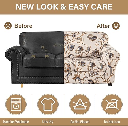 Miniatura 5 de Lamberia Funda Estampada para Sofá de 3 Cojines Fundas de Sofá de Alta Elasticidad 4 Piezas Funda de Sofá con Tres Fundas de Cojín Separadas Parte