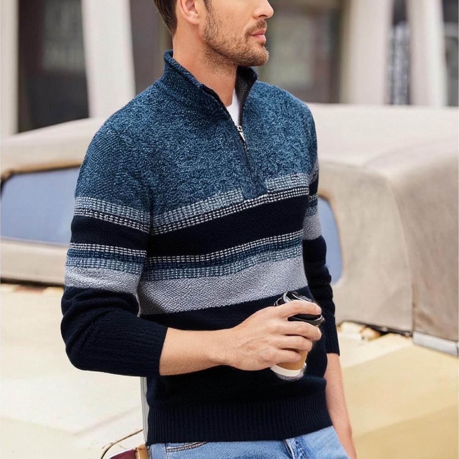 Mens Sweate Quarter Zip Striped Pullover Color Block Knit Sweaters for Men, Long Sleeve Casual Polo Sweatershirt
