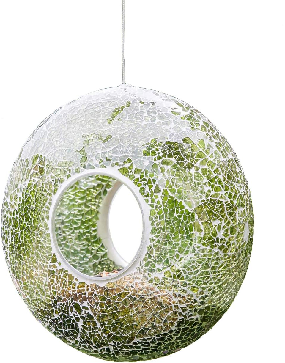 Topadorn Wild Bird Feeder Fly Through Garden Hanging Bird Feeder Mosaic Circle Squirrel Proof for Outdoor Decoration, Green