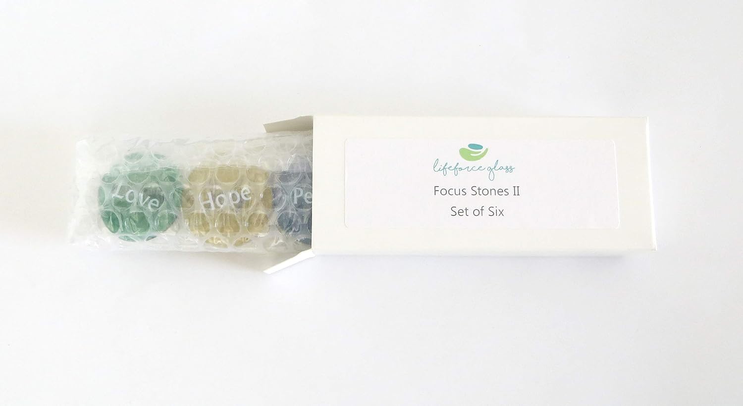 Lifeforce Glass Focus Stones, 6 Inspiring, Encouraging and Motivating Single Words Imprinted on Glass Stones, Inc. Set II.