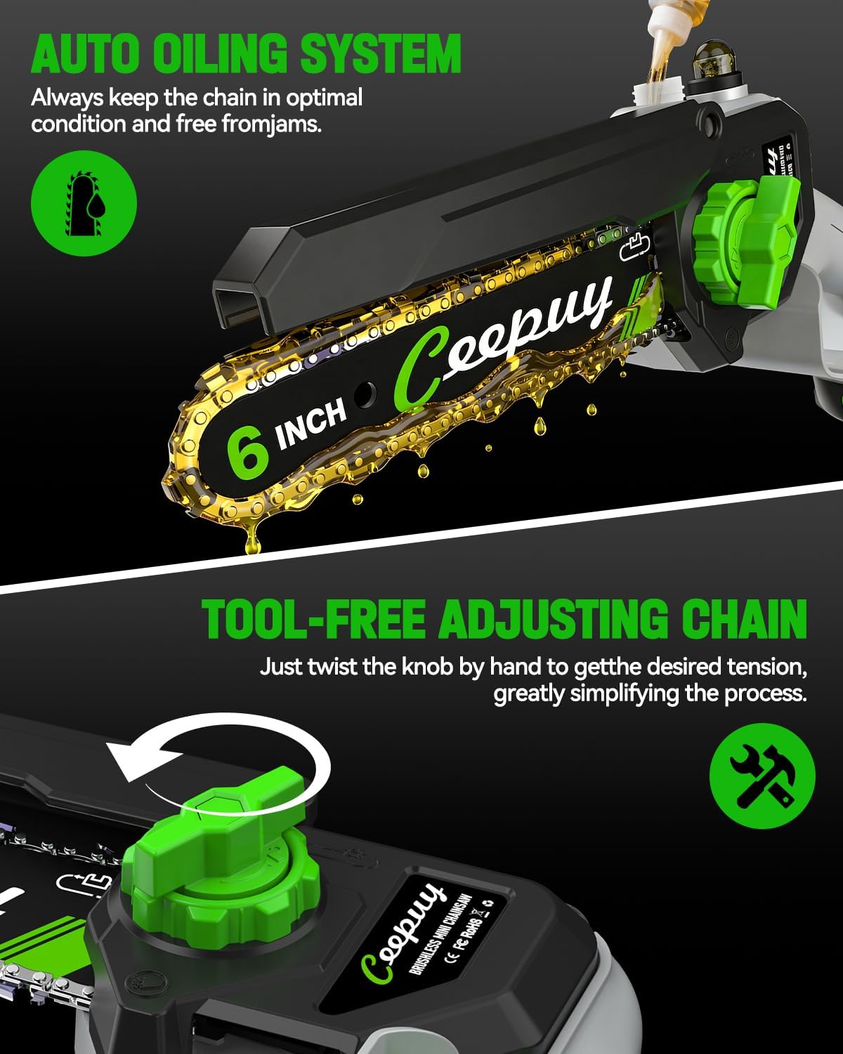 CEEPUY 2-in-1 Brushless Electric Pole Saws for Tree Trimming,6 Inch Cordless Mini photo 4