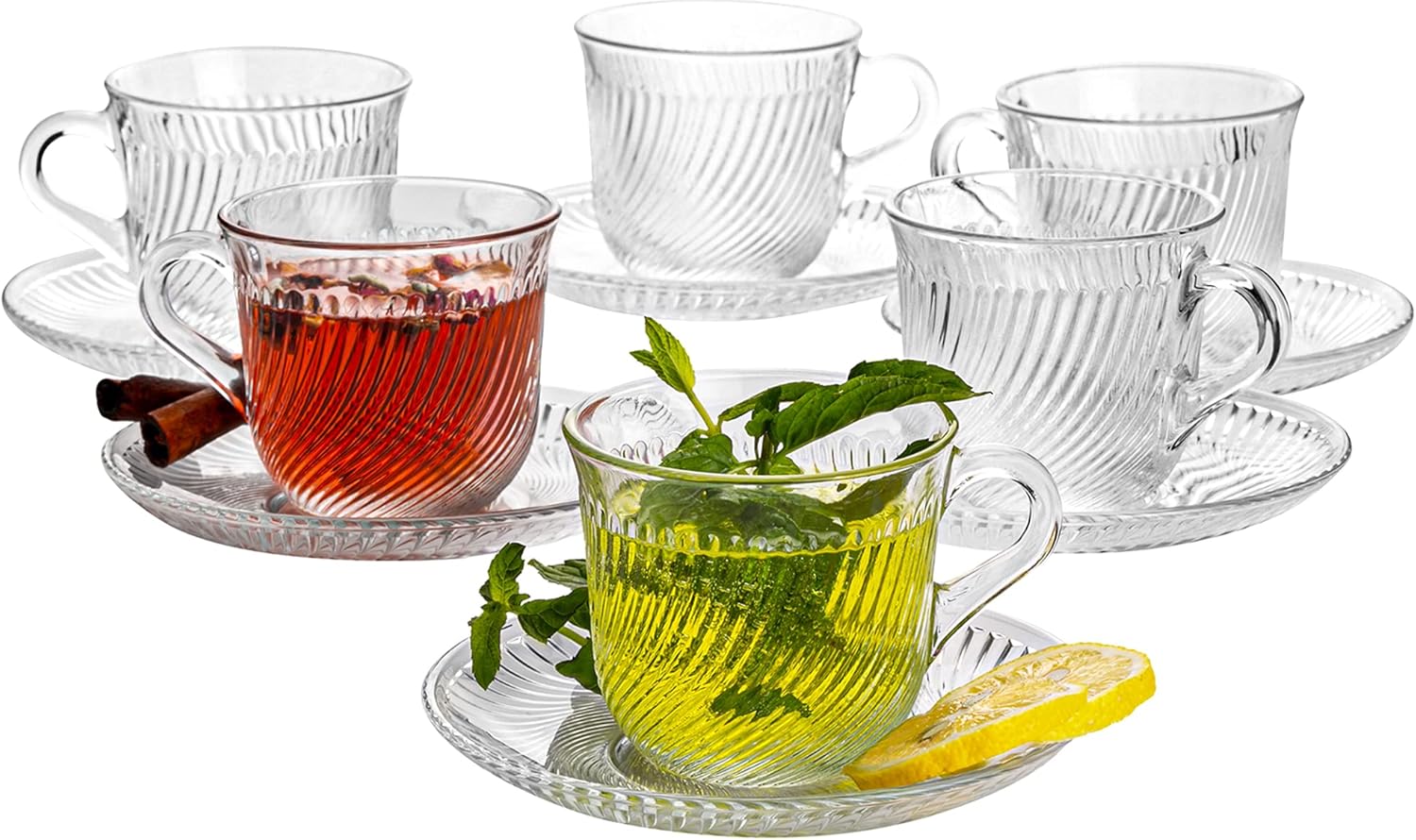 Volarium Glass Tea Cups and Saucers Sets, 6 PCs Clear Glass Coffee Mugs and 6-PCs Glass Saucers, Vintage Turkish Style 6 oz Capacity