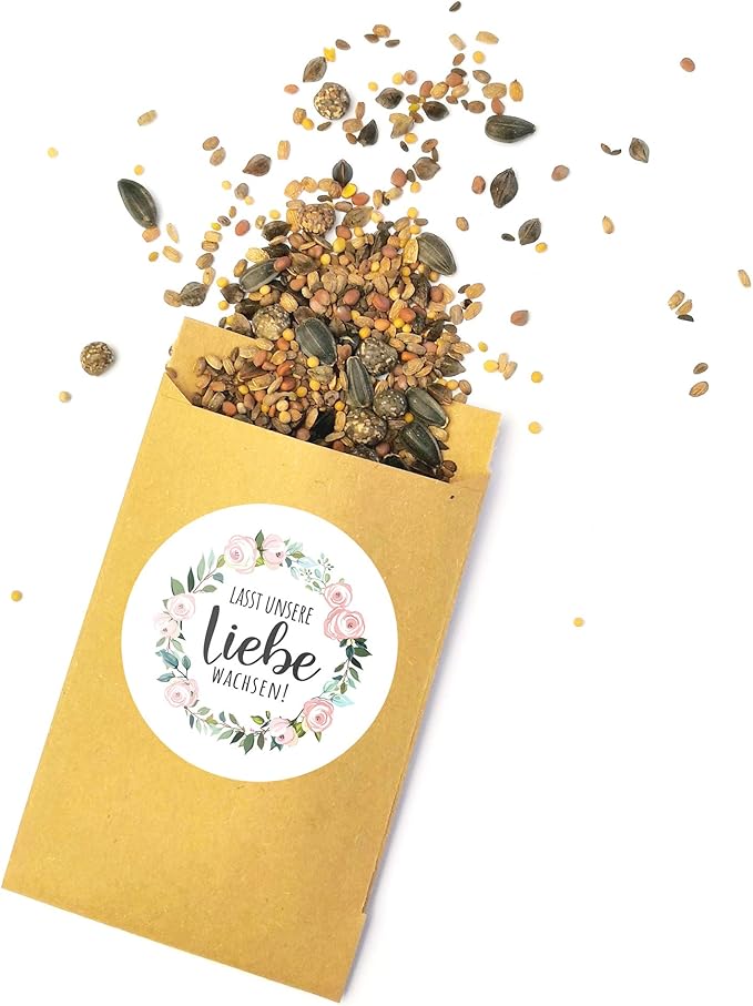 Blumensamen Gastgeschenk Hochzeit Set, 12x Kraftpapier Flachbeutel, 12x