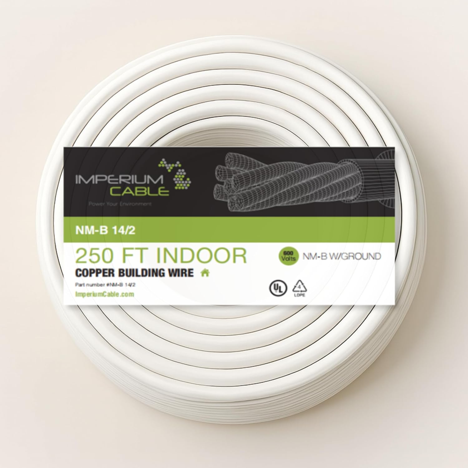 14/2 NM-B Electrical Wire – 250ft Coil – Solid Copper, Indoor Residential Cable with Ground – White Jacket – 600V Rated