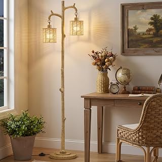 EJIAXIN Floor Lamp for Living Room - 69" Farmhouse Tree Trunk Standing Lamps - Country Resin Tall Lamp with 2 Rattan Lampshade - Rustic Floor Lamp for Bedroom Office Home Decor