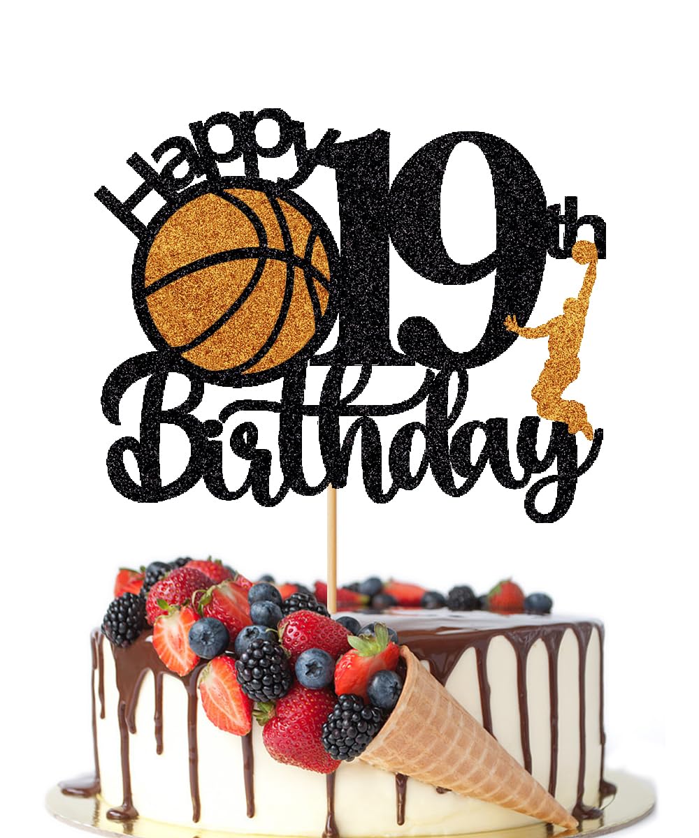 Crseniny Basketball Happy 19th Birthday Cake Topper，Basketball Sports Cake Pick Cheers to 19 Years Birthday Cake Decoration,Boys Girls Sport Theme
