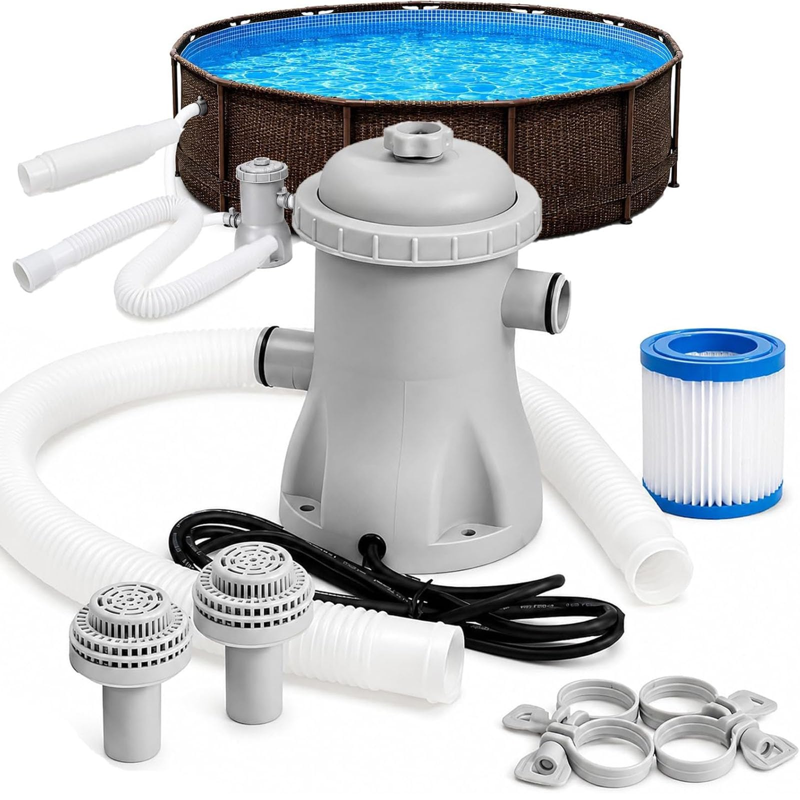 Pompa filtro piscina da 330 GPH,filtro a cartuccia,16W a basso rumore | tubi da 32 mm, circolazione dell'acqua pulita, include tubi e adattatori, per piscine fuori terra