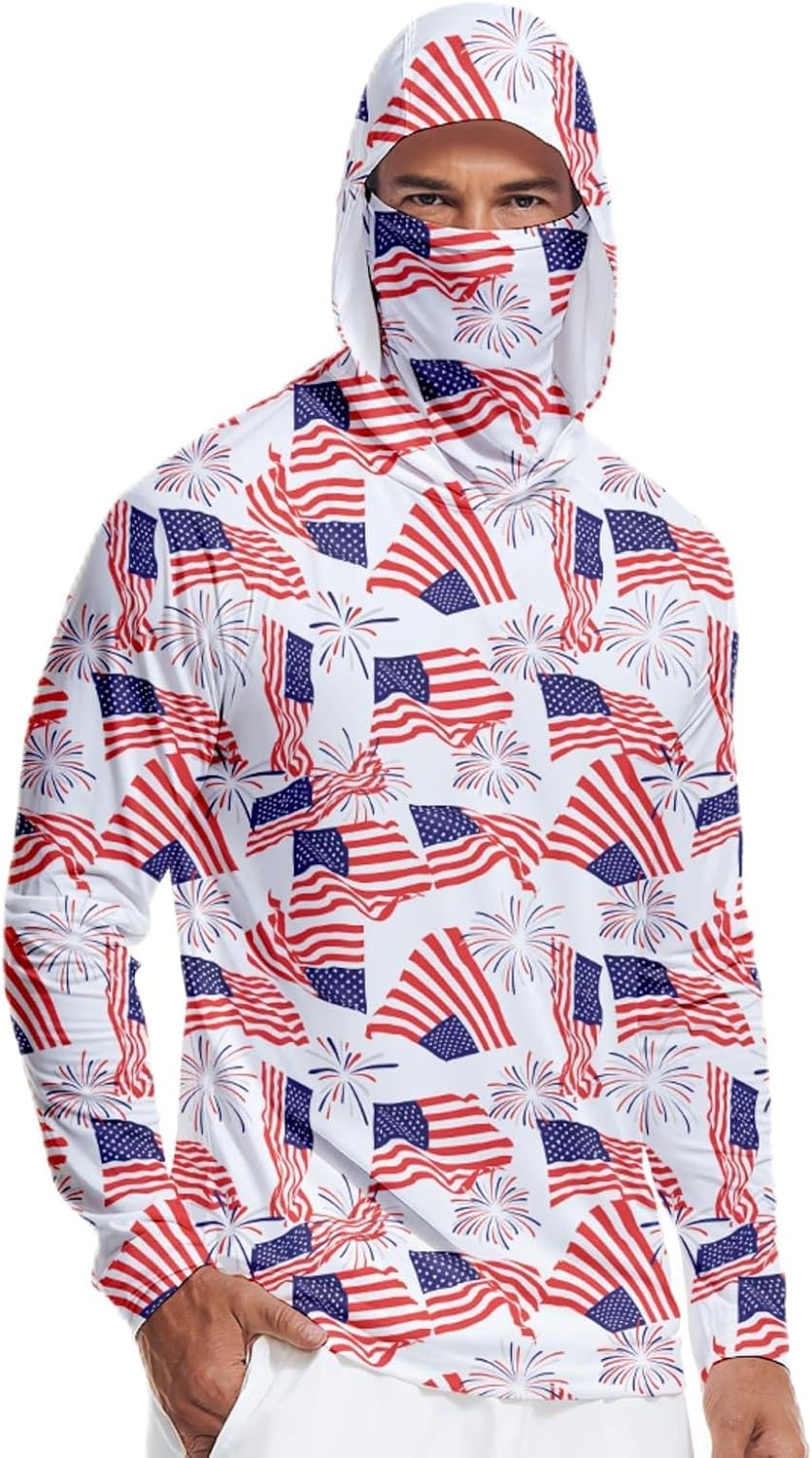 Men's UPF 50+ Sun Hoodie with Mask Fishing Shirts Long Sleeve Athletic Outdoor Rash Guard