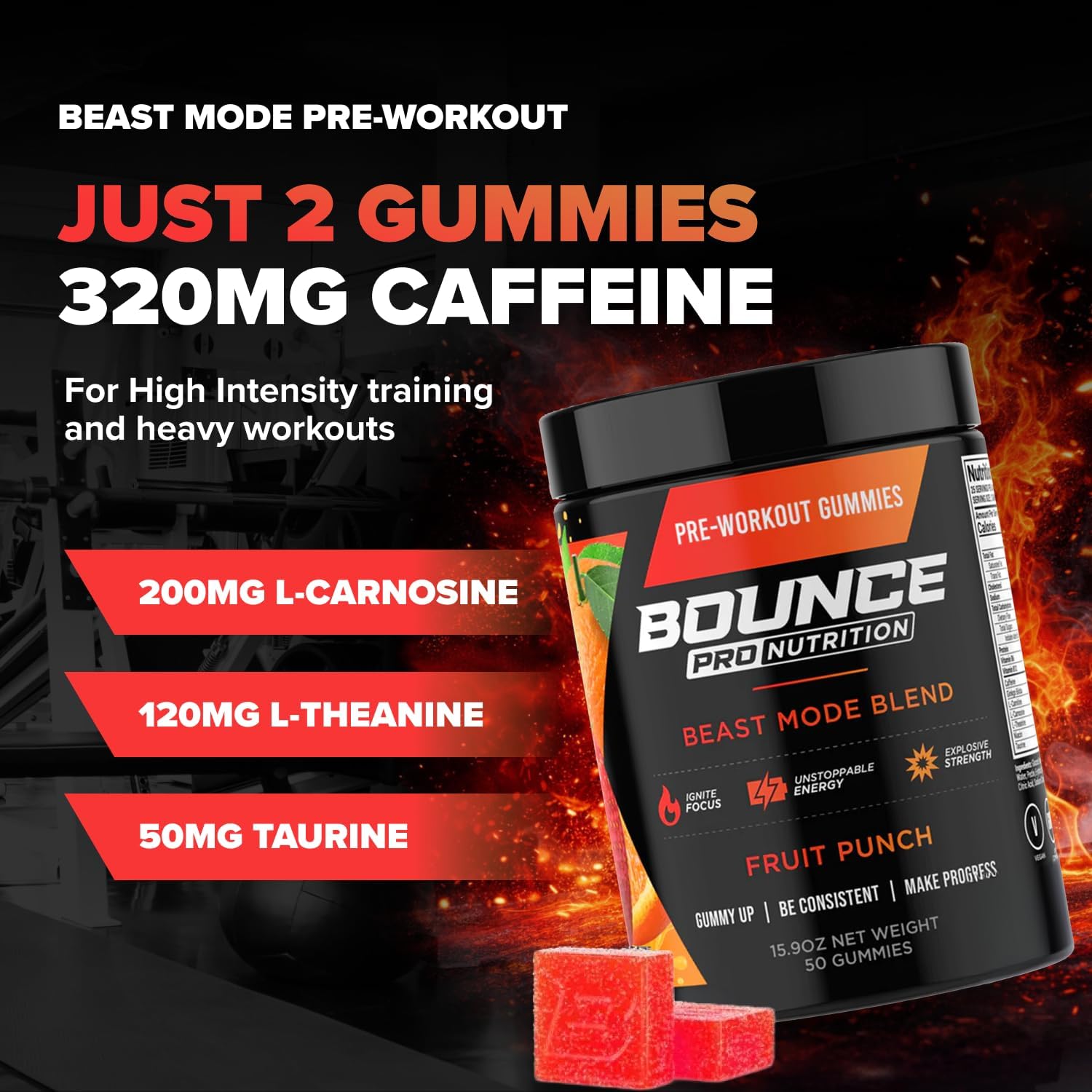 Bounce Pro Beast Mode Pre Workout Gummies with Caffeine, Beta-Alanine & L-Tyrosine for Energy, Focus & Training Intensity (50 Count (Pack of 1), Fruit Punch)