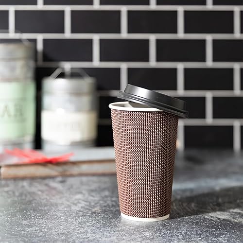 Miniatura 6 de PARTY BARGAINS Ripple - Tazas calientes con tapas, 16 onzas, 40 unidades, marrón, aislamiento de doble pared, tazas de café de papel desechables,