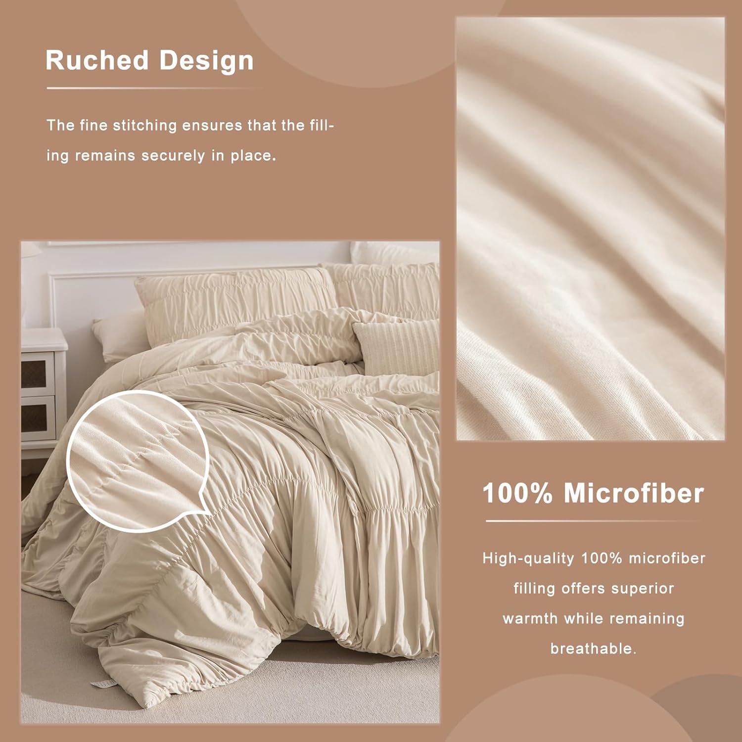Masaca Oversized Comforter King Size(120"x120"),Lightweight Ruched Ruffle Bedding Comforter Set,3 Pieces Wheat California King Microfiber Shabby Boho Chic Bedding Set for All Season