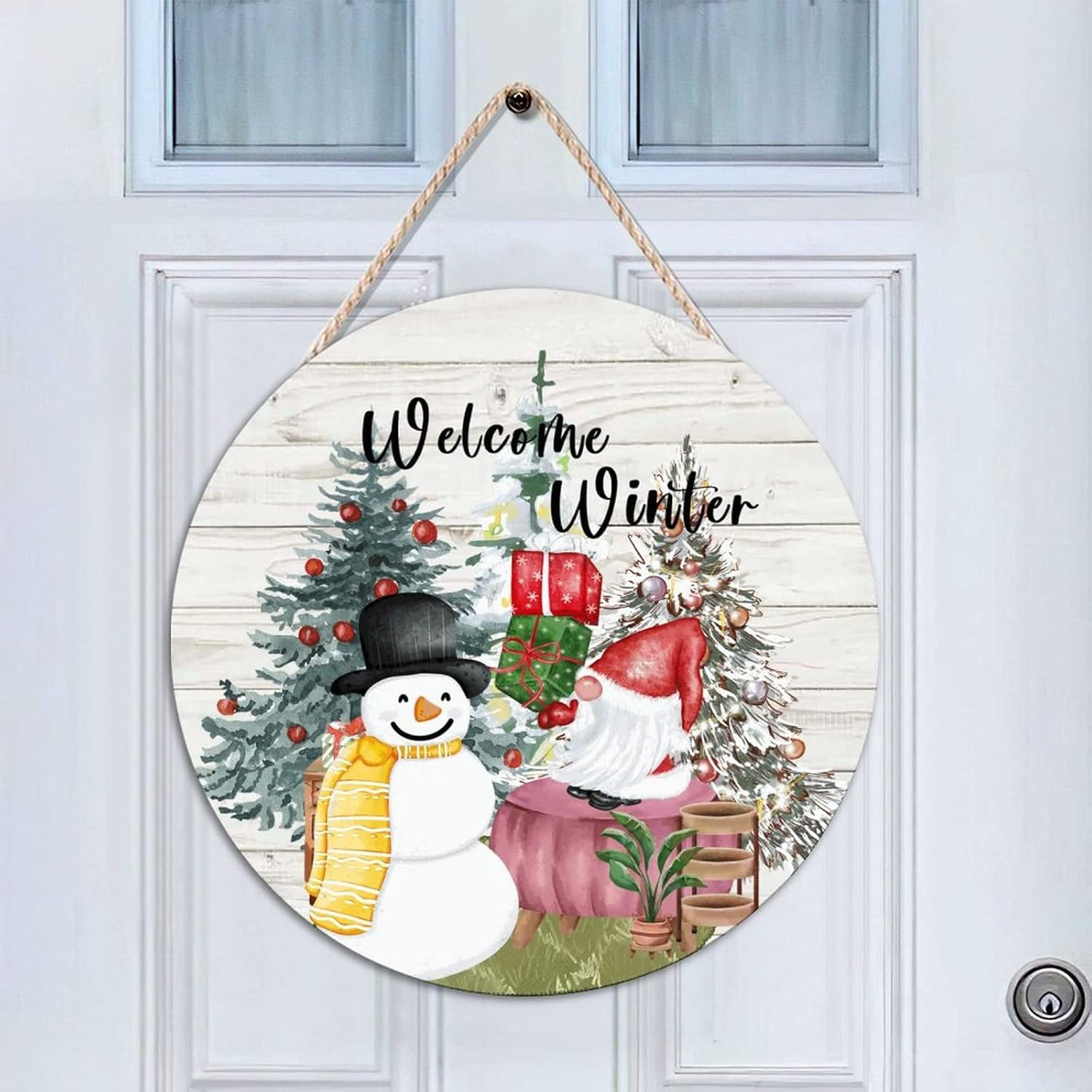 Welcome Winter Welcome Wood Door Sign, Gnome Round Welcome Door Hanger Sign, 16x16in Snowflake Welcome Wall Door Hanging Sign Decor for Outdoor Front Porch Farmhouse Housewarming Gifts