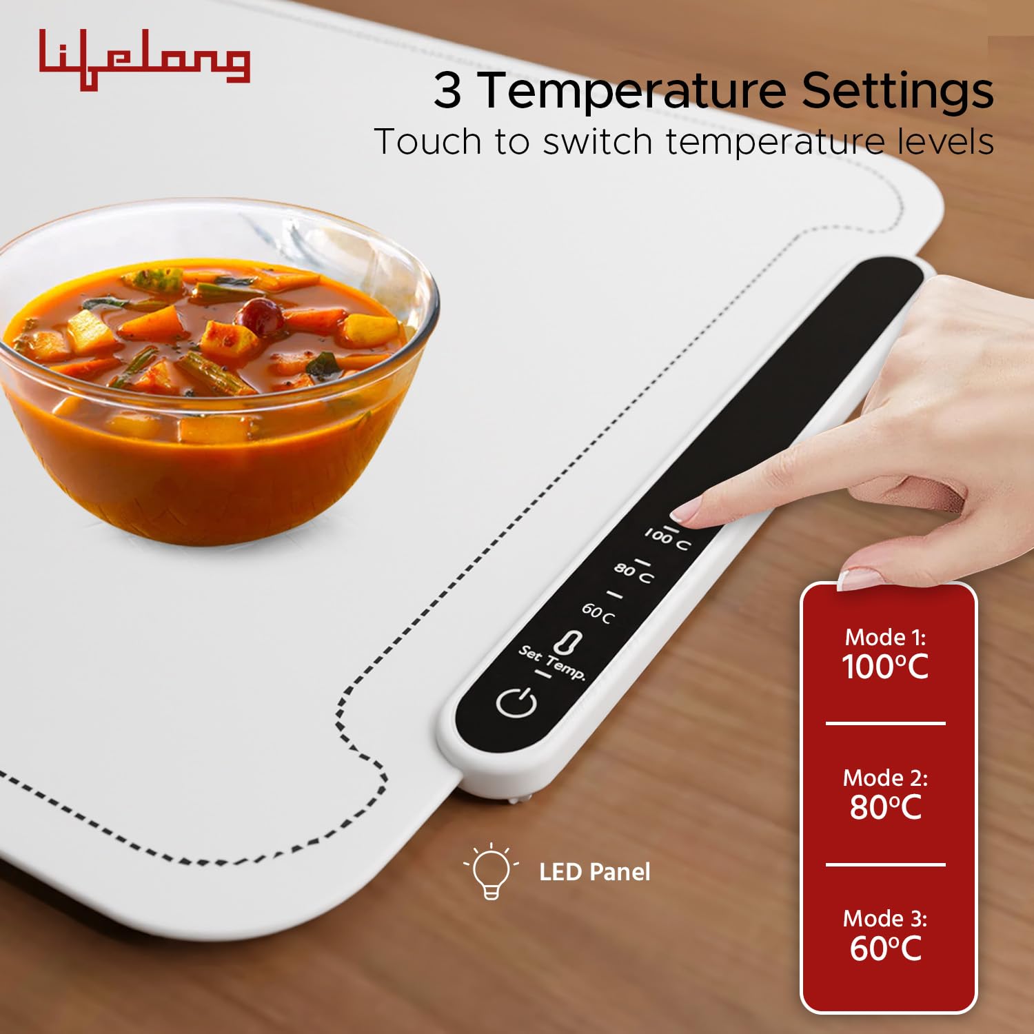 Close-up of the control panel with temperature settings 60C, 80C, 100C
