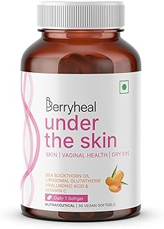 Under The Skin L-Glutathione (250mg), Hyaluronic Acid, Vitamin C, Sea Buckthorn (Omega 3679) Vegan Skin Supplement for Glow, Hydration, Collagen Booster & Anti-Ageing | 30 Capsules for Women