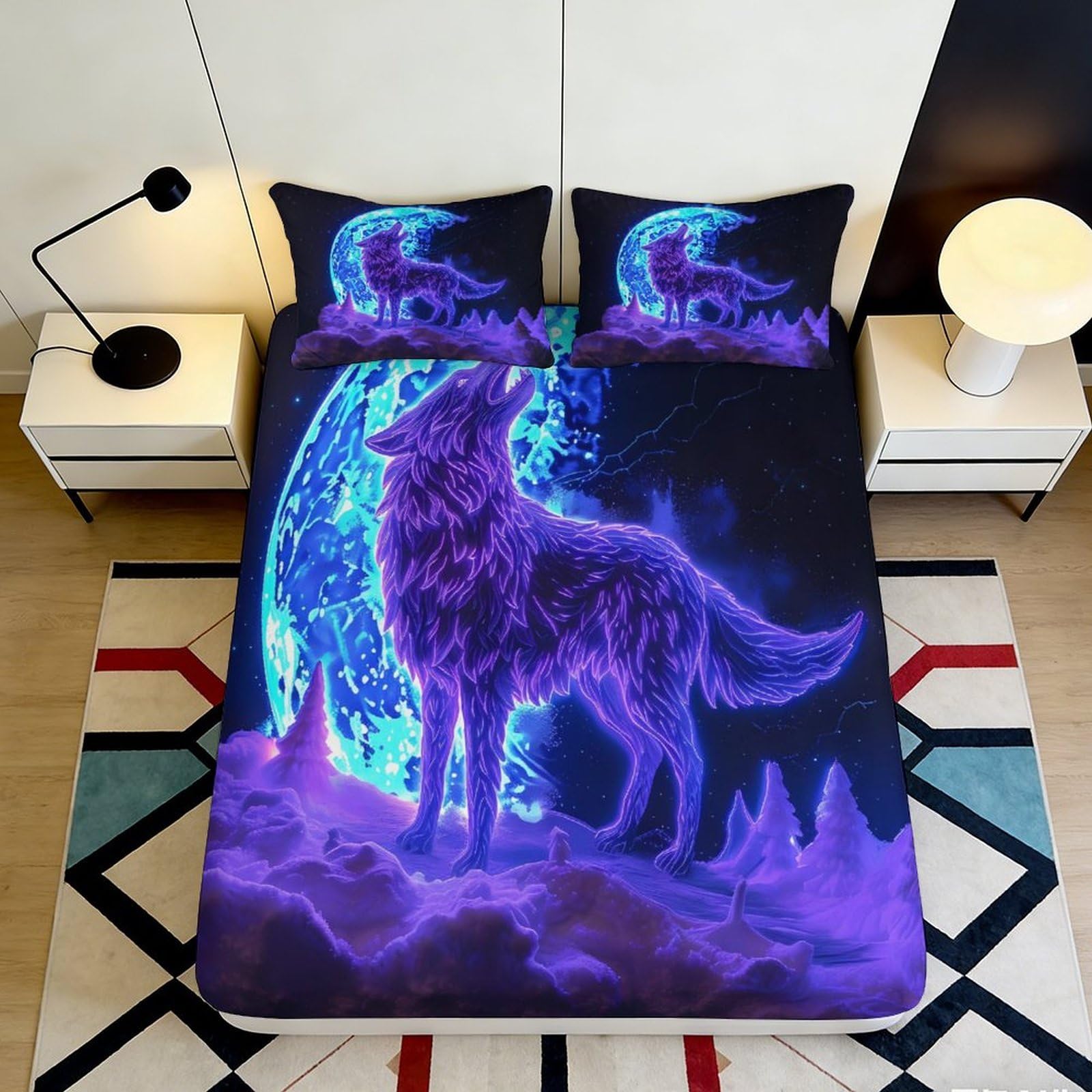 3D Printed Glowing Wolf Fitted Sheet Microfiber Soft Breathable Moonlight Bed Cover for Bedroom Dormitory Guest Room Mattress Protection Decor 180x200x25cm