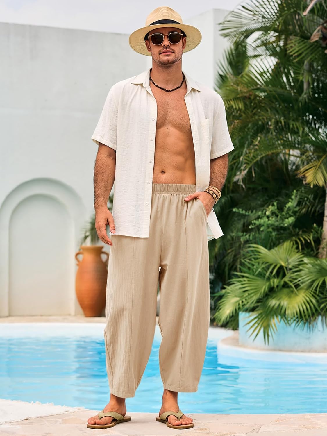 Runcati Mens Harem Pants Casual Elastic Waist Drawstring Cotton Cropped Pants Baggy Hippie Boho Beach Yoga Trousers - Image 5