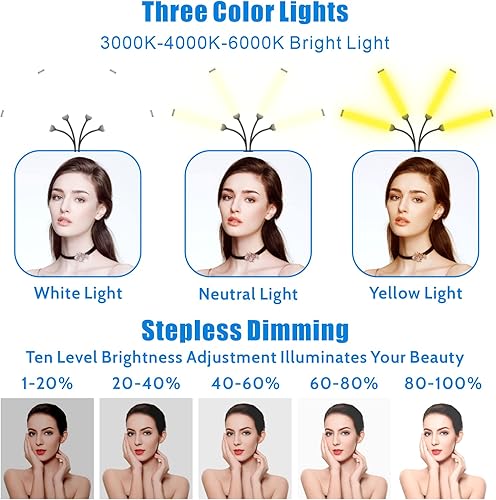 Miniatura 4 de AULSTER Luz de relleno LED con soporte de trípode ajustable y clip para teléfono, 4 tubos de 11 niveles regulables con cuello de cisne de 360, luz