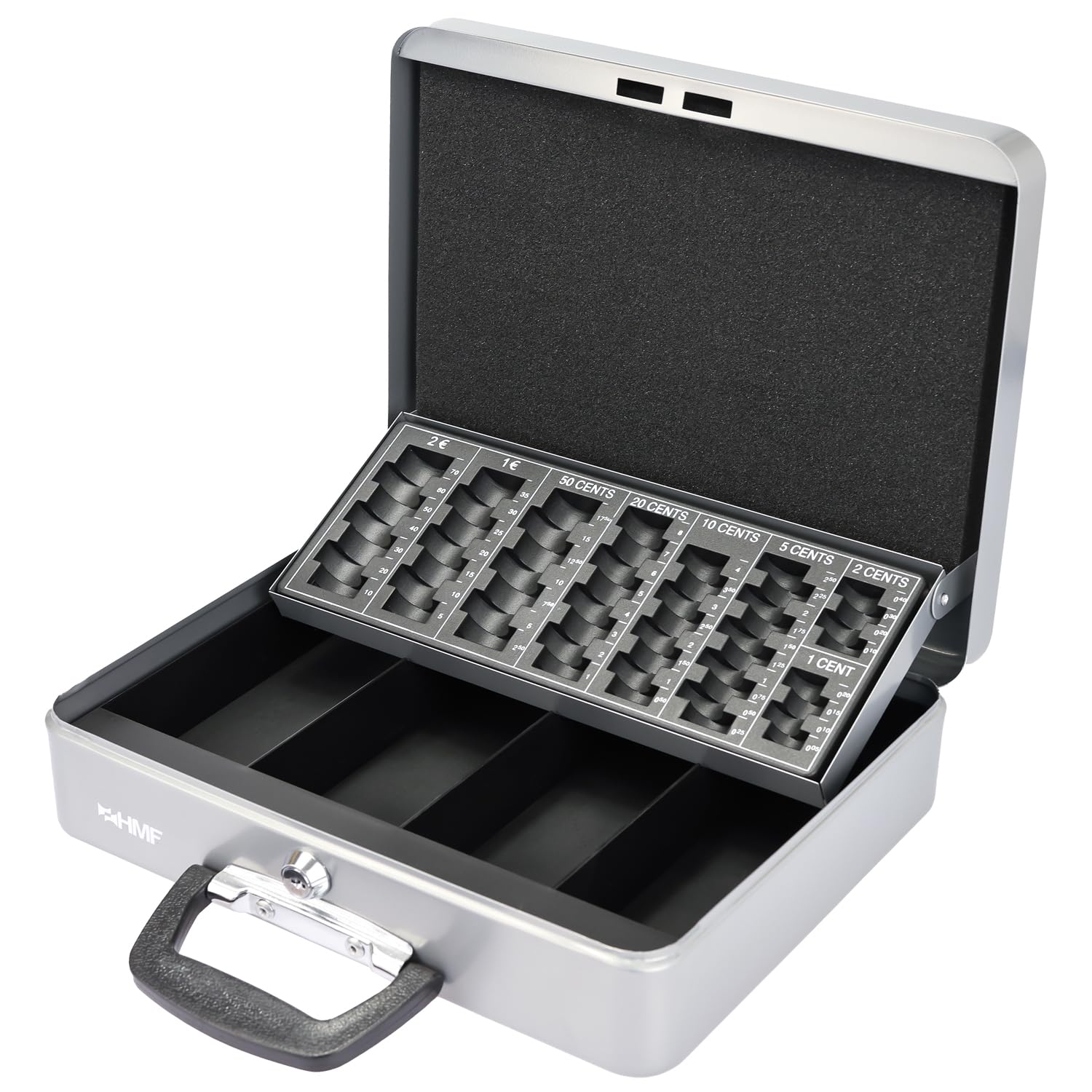 HMF 10016-09 Lockable Cash Box with Coin Counter Board, Cash Register with Suitcase Handle, 30.5 x 24 x 8.5 cm, Silver