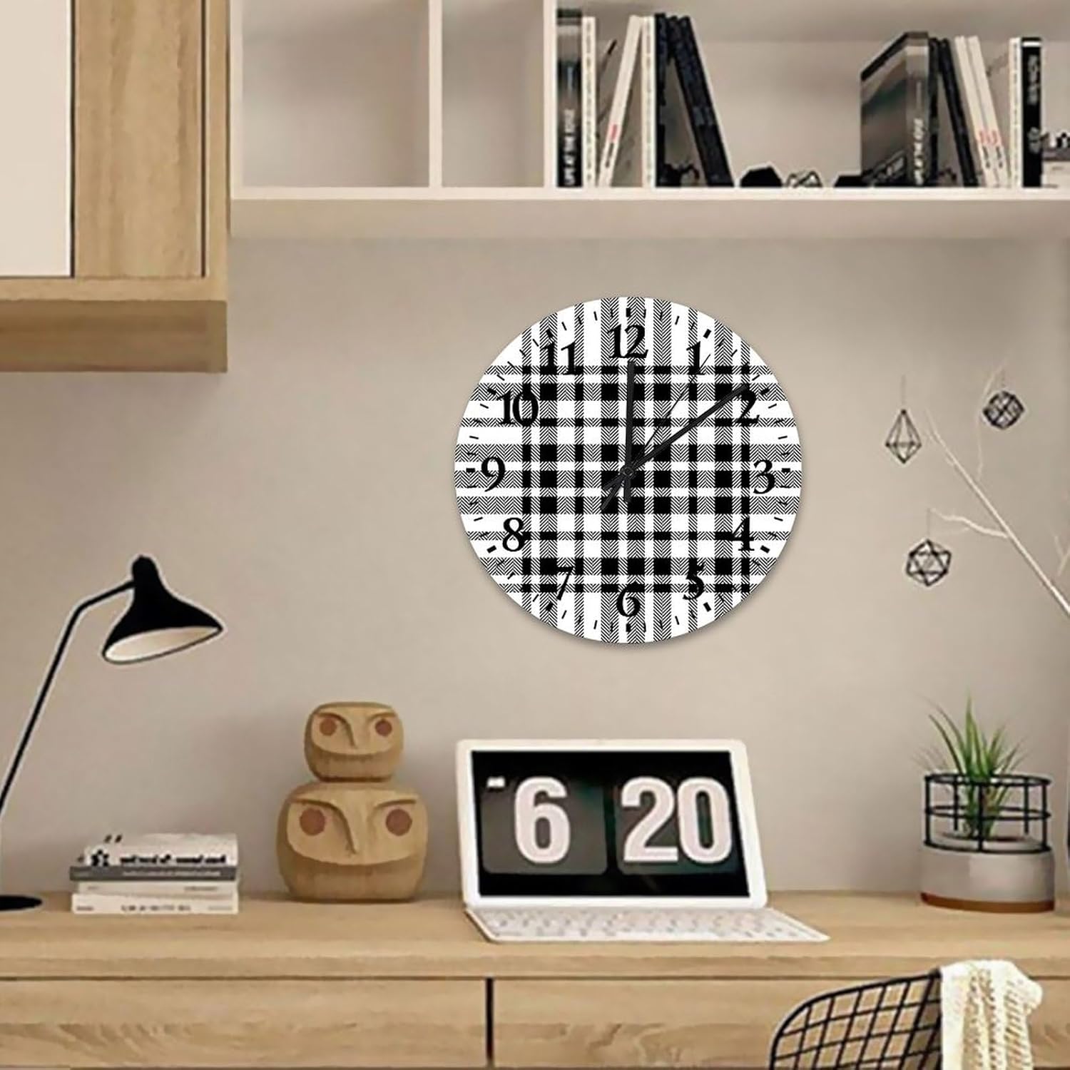 12 inch Silent Non-Ticking Wall Clocks Battery Operated Buffalo Check Plaid Black and White Wall Decor for Classroom Custom Round Wooden Wall Clock Rustic for Pool New Home