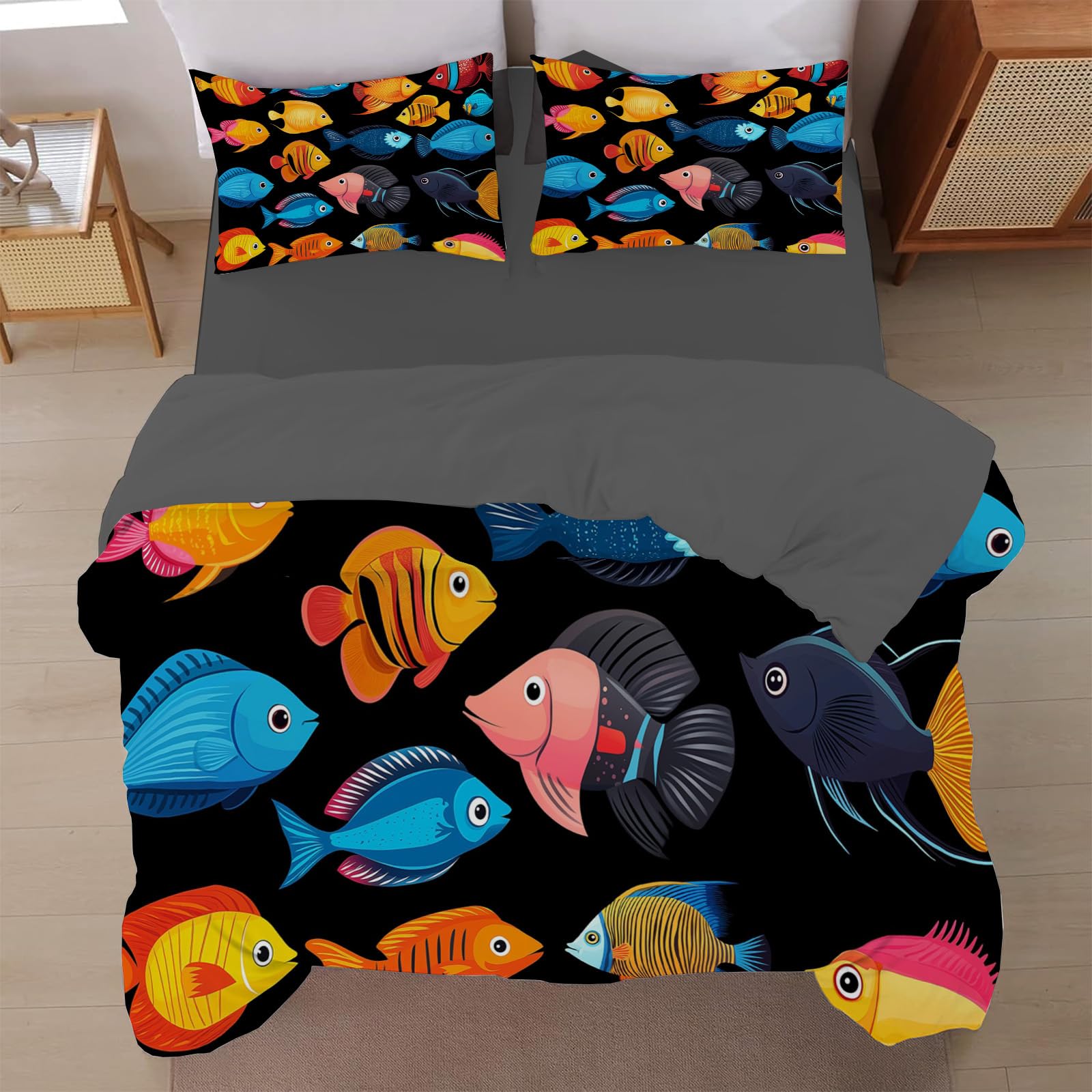 Housse de Couette Banc de Poissons 140x200 Tissu Respirant et Entretien Facile pour Lit Enfant