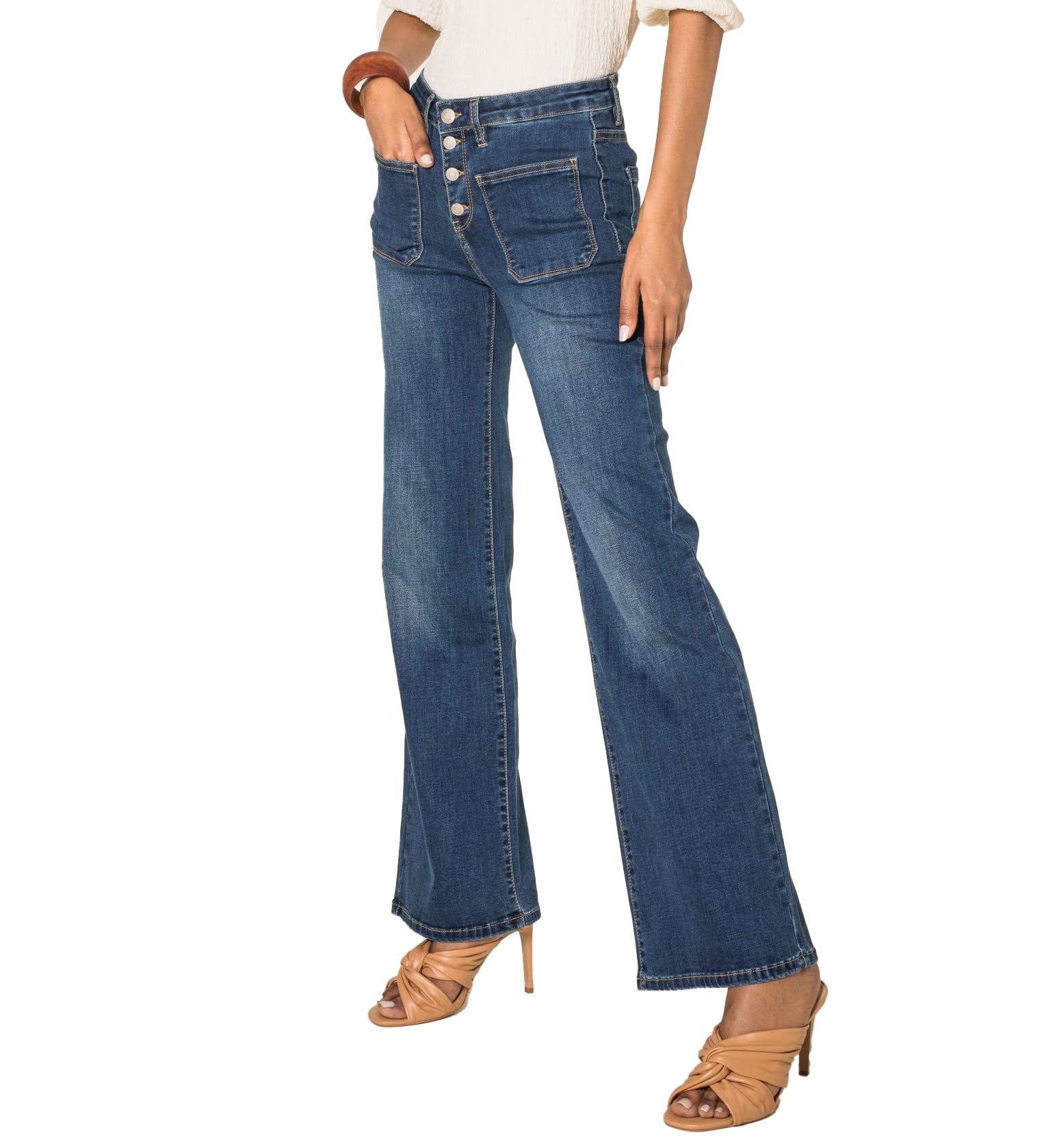 Nina Carter Flared Bootcut Jean pour Femme Taille Haute Évasé Vintage Effet Usé Stretch