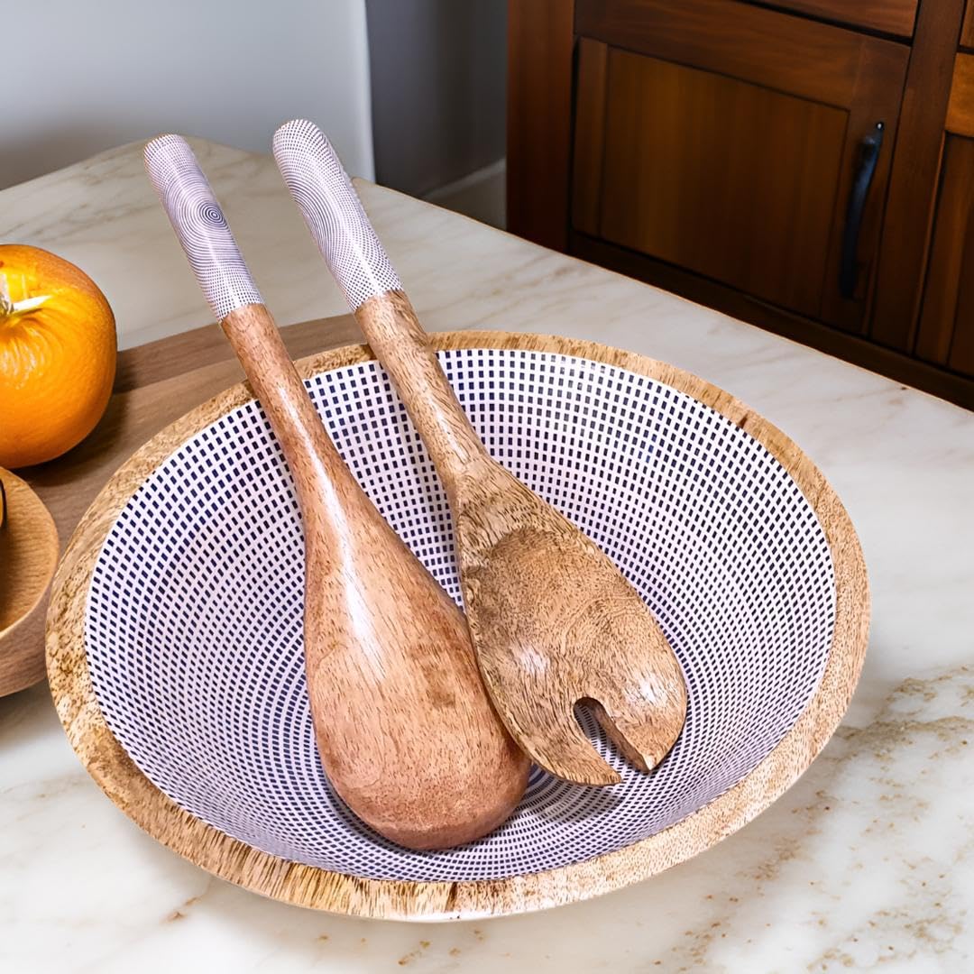 Hartsmede Wooden Salad Bowl with Spoons – 10" Handmade Mango Wood Serving Bowl with Enamel Interior for Salad, Pasta or Fruit, Rustic Eco-Friendly Kitchen Gift for Home (Geometric Blue)